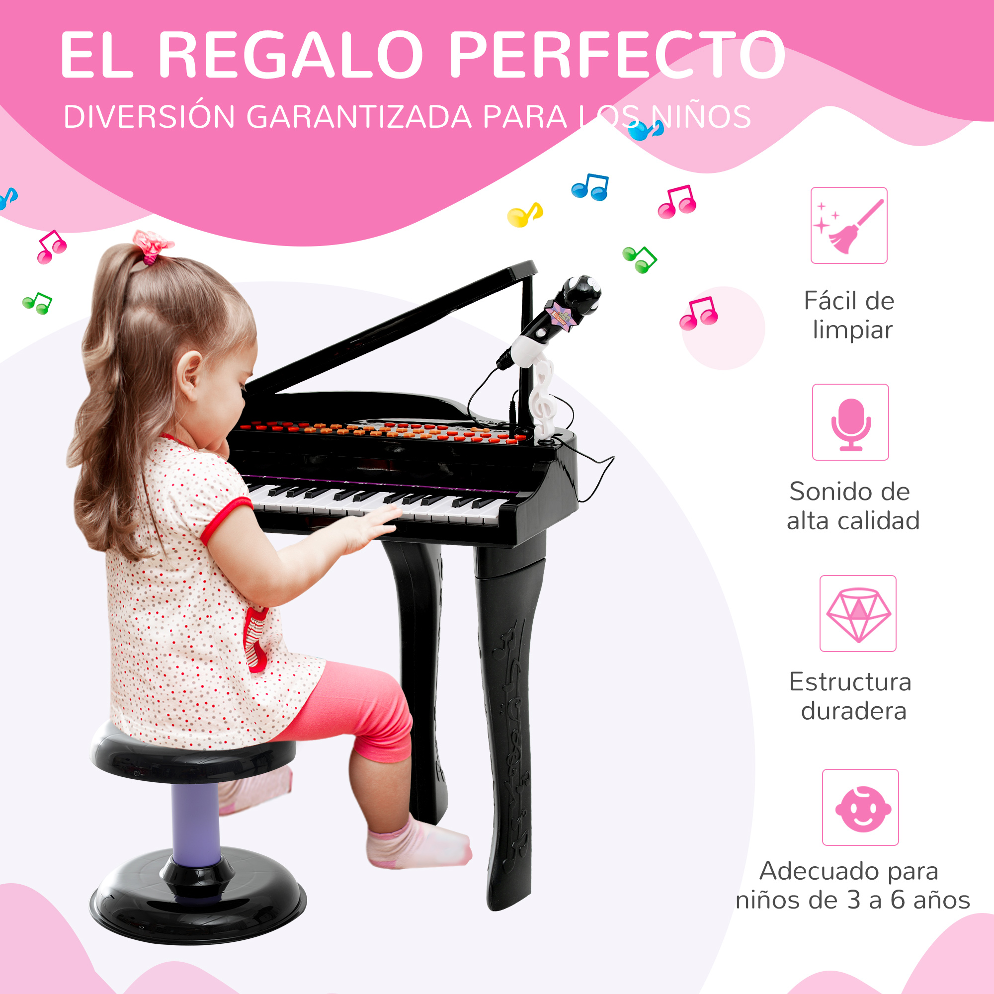 Una niña toca un piano de juguete negro con un micrófono. El fondo tiene notas musicales e iconos de características del producto.