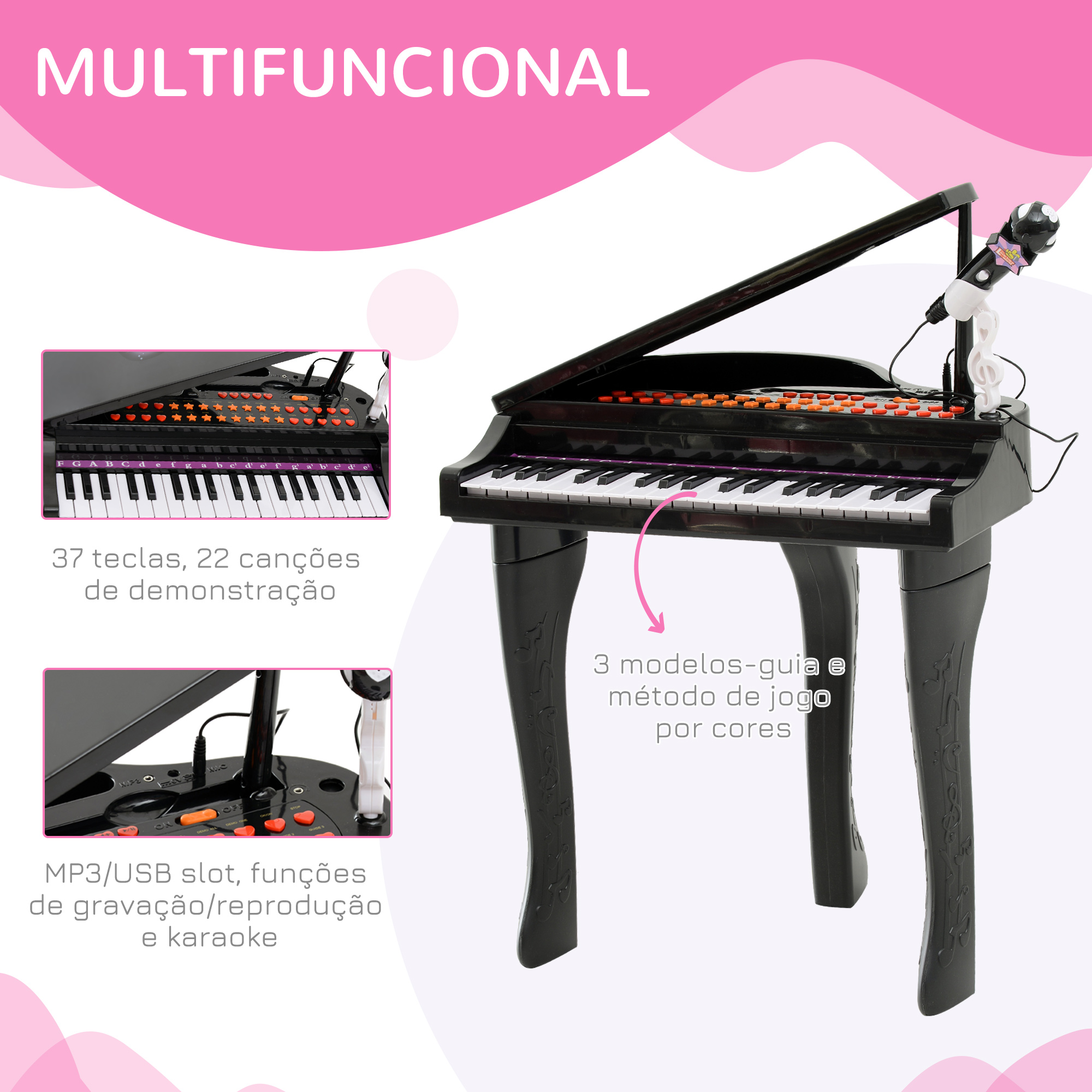 Un piano de juguete negro con micrófono. Cuenta con 37 teclas, canciones de demostración, ranura MP3/USB y funciones de karaoke.