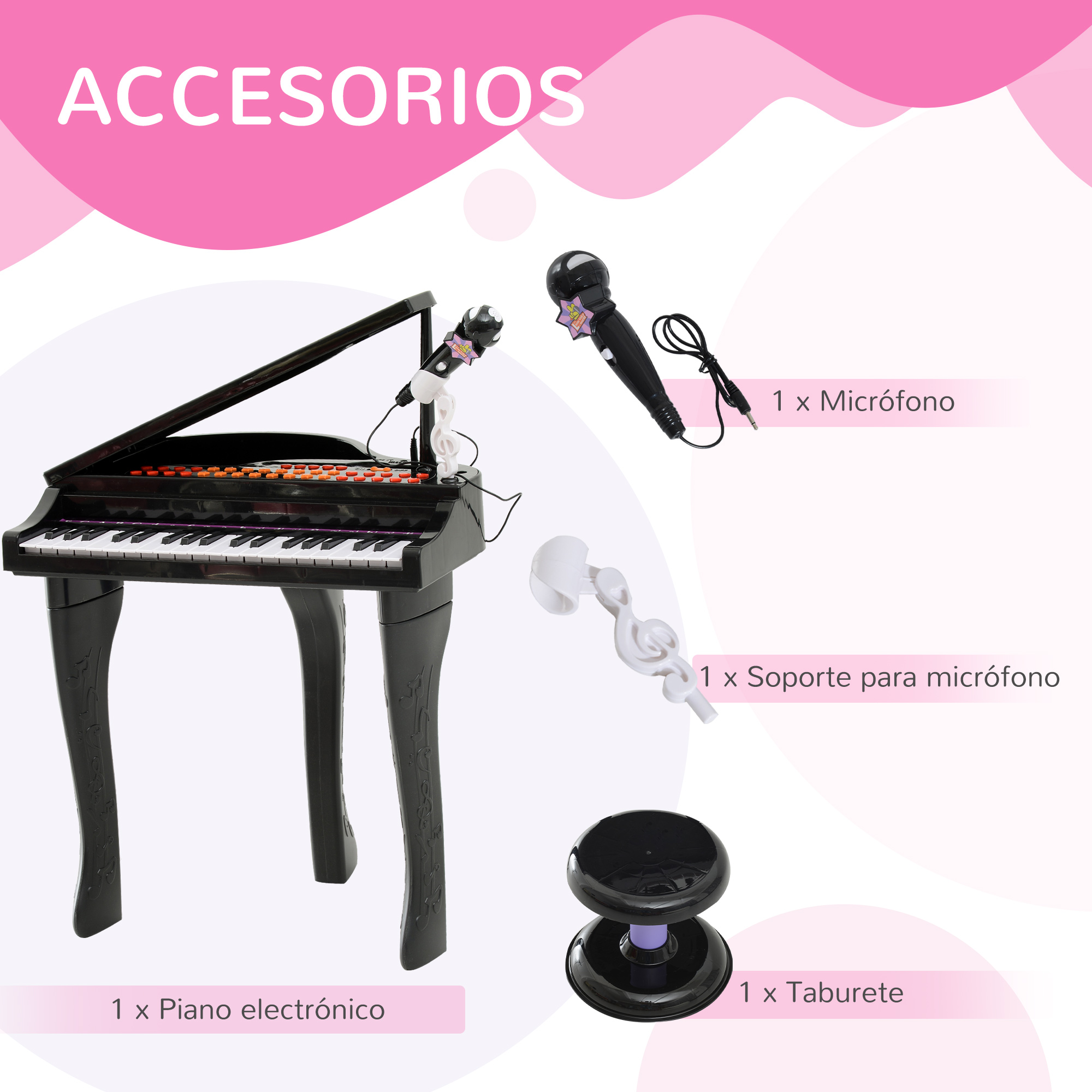 Un piano de juguete negro, dos micrófonos, un soporte para micrófono y un taburete se muestran sobre un fondo rosa.
