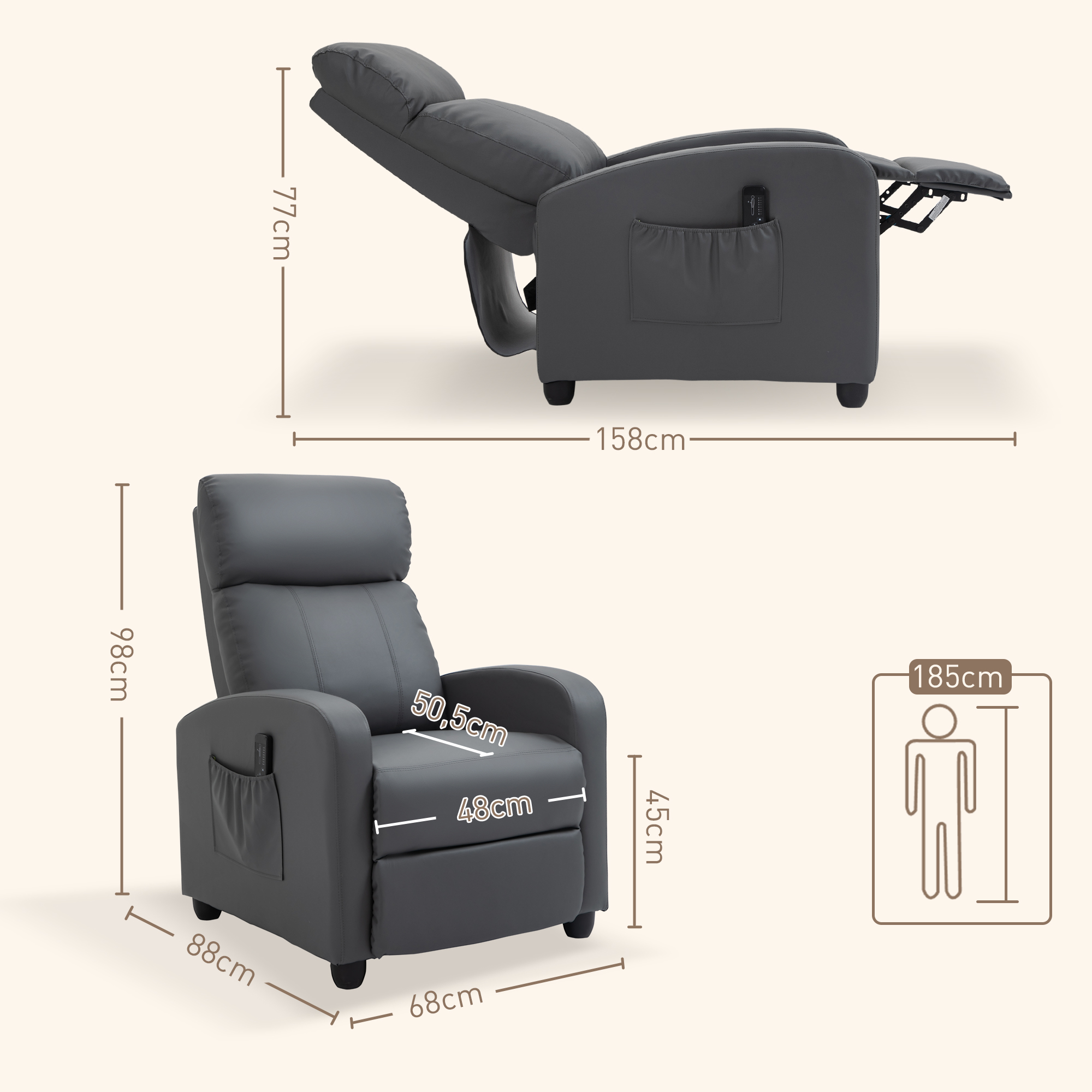 Sillón reclinable gris con dimensiones. Dos vistas: reclinado y vertical. Incluye bolsillo y mando a distancia. También una comparación de altura humana.