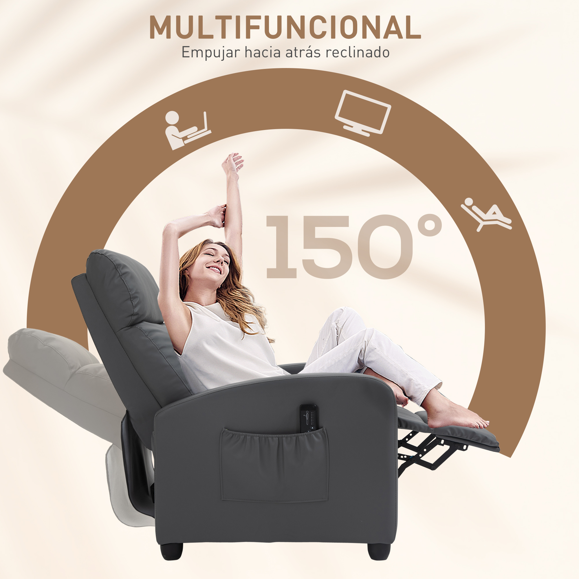 Mujer reclinada en sillón gris, brazos levantados. Texto indica reclinación de 150 grados. Arco marrón con iconos de portátil, TV y relax.