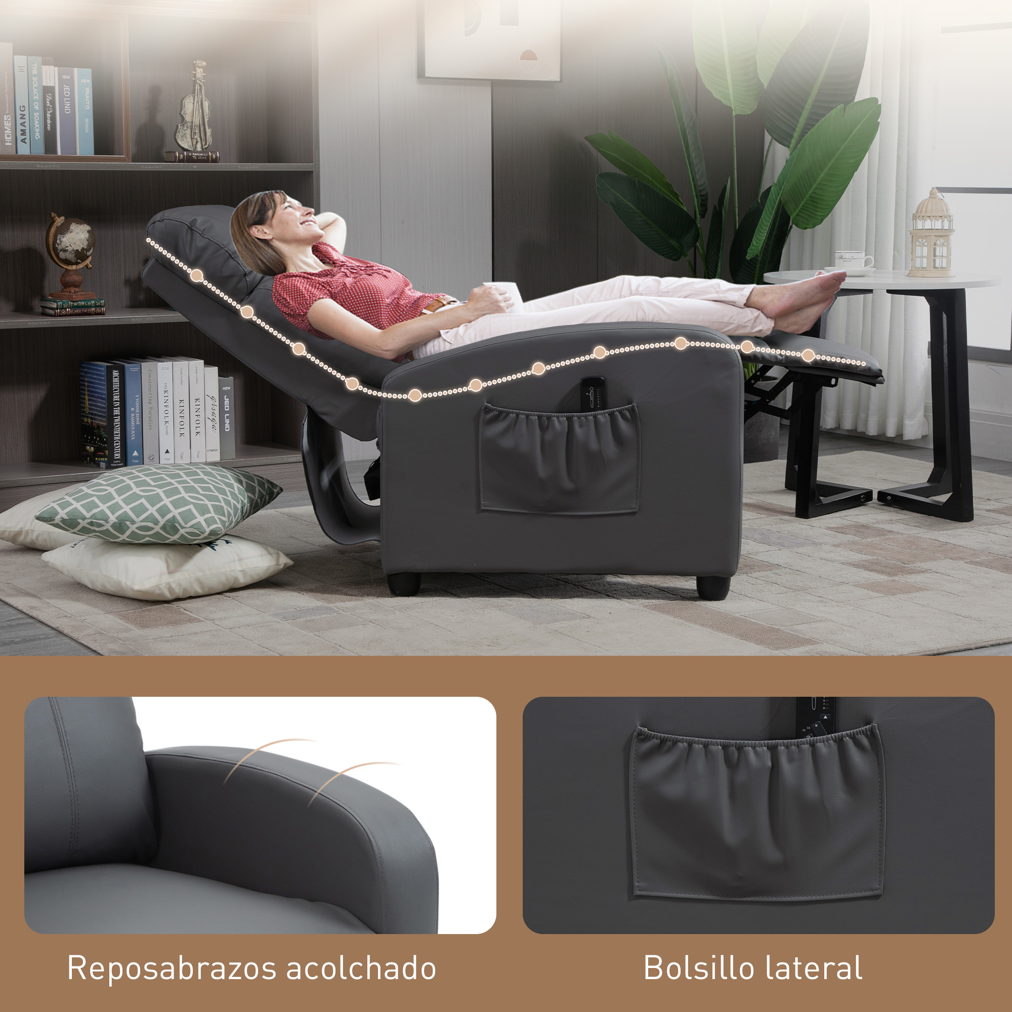 Una mujer se relaja en un sillón gris. La escena incluye una mesa auxiliar, una estantería y plantas decorativas.