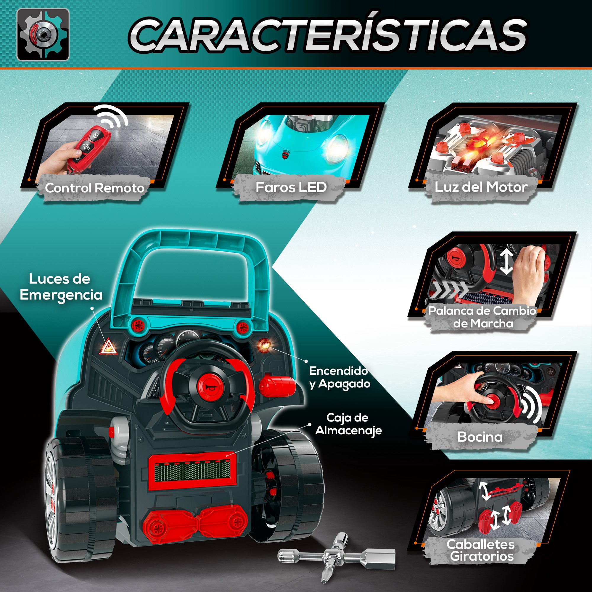 Imagen muestra un coche de juguete con características etiquetadas en español: control remoto, luces LED, luz del motor y luces de emergencia.