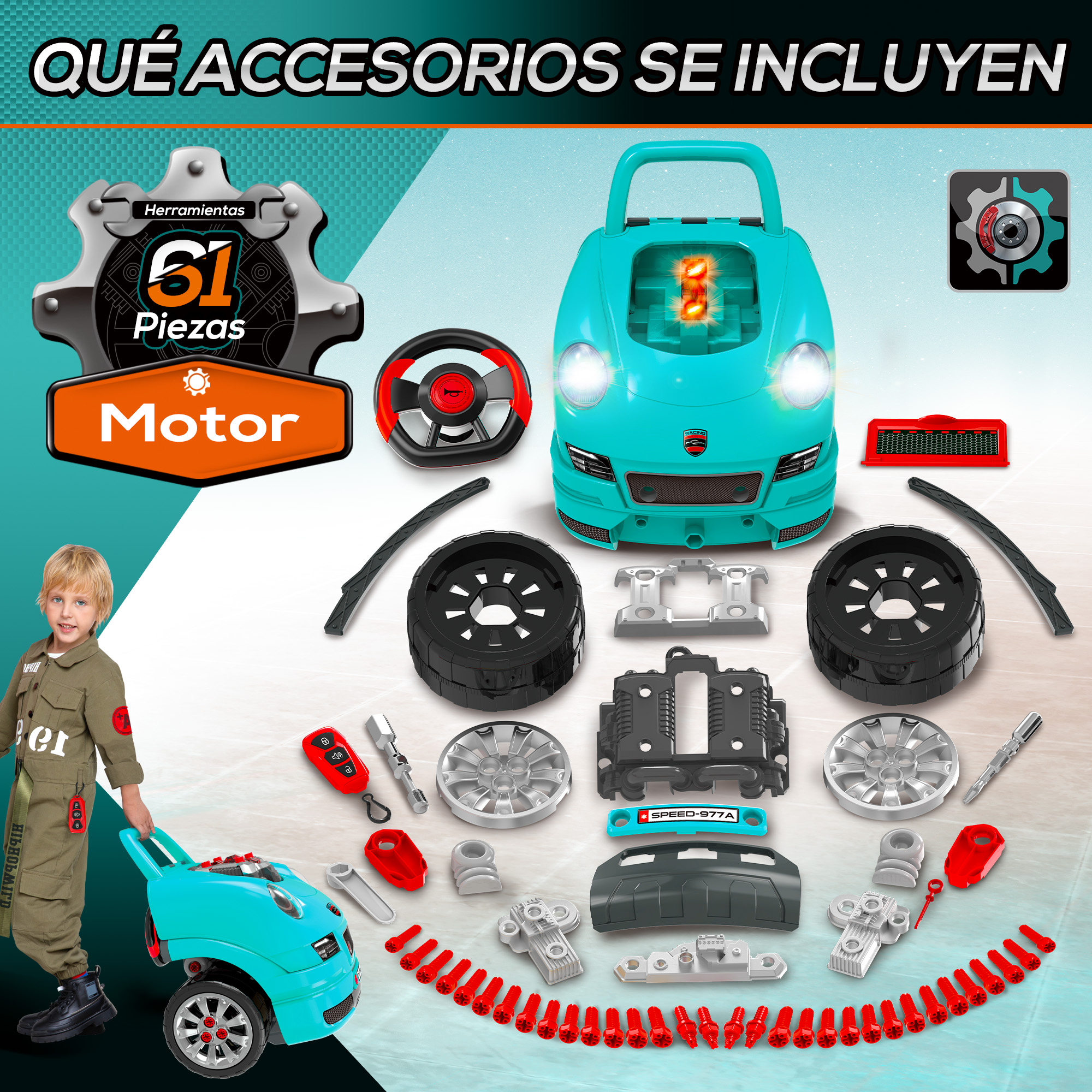 Un niño tira de un coche de juguete. La imagen muestra piezas de coche, herramientas y un volante. Texto dice: '¿Qué accesorios están incluidos?'