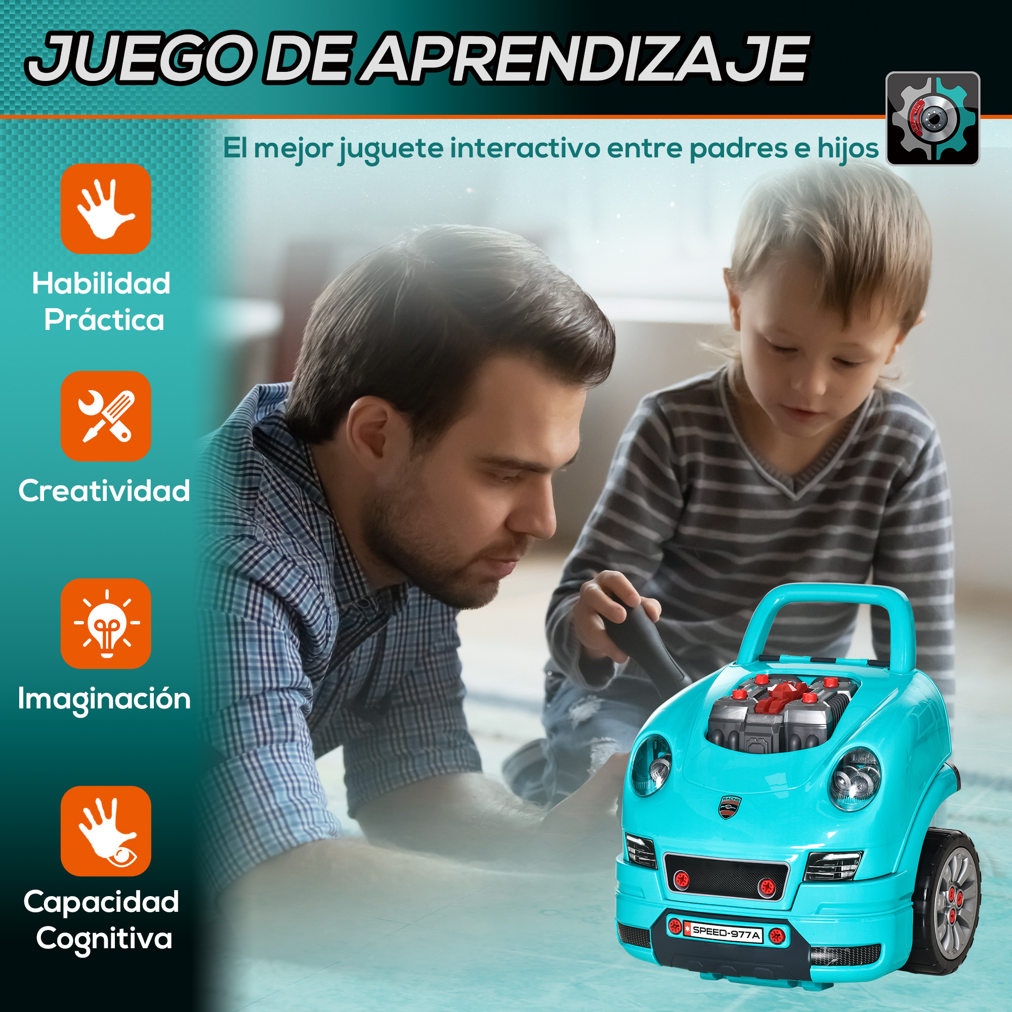 Un hombre y un niño juegan con un coche de juguete turquesa. El coche tiene un motor visible. El fondo está borroso.