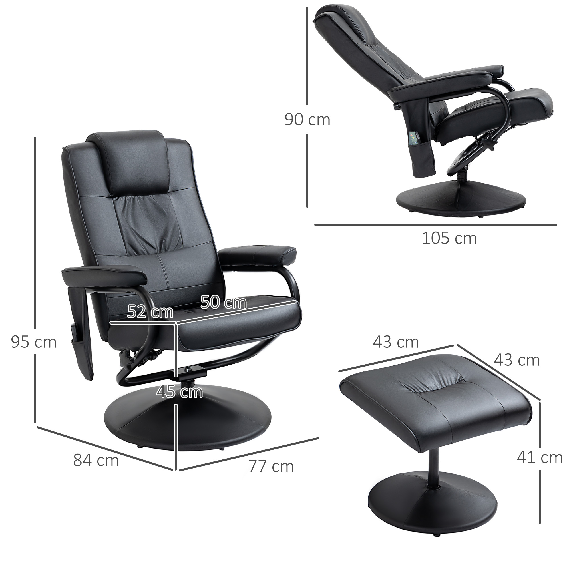 Una silla reclinable negra con reposapiés, ambas con dimensiones mostradas. La silla está sobre fondo blanco.