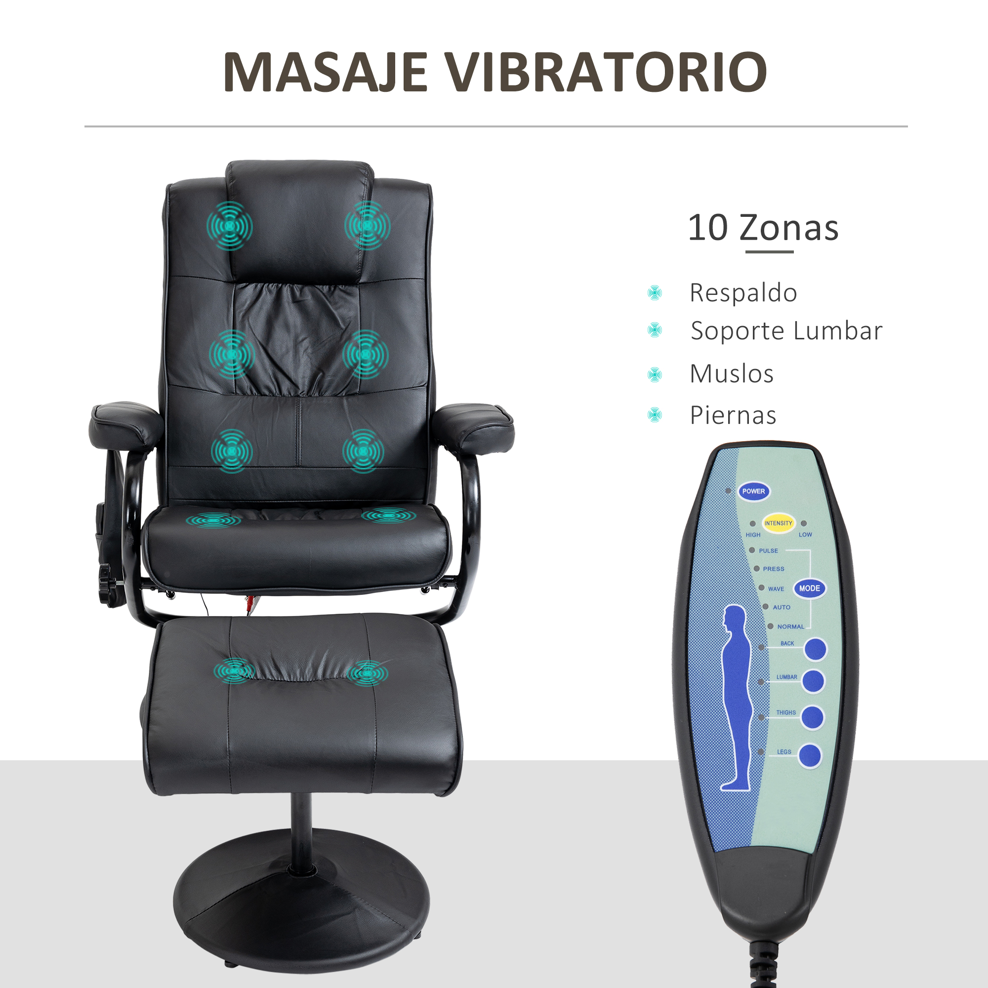 Sillón de masaje negro con reposapiés y panel de control. Texto en la silla: Masaje Vibratorio, 10 Zonas. El panel tiene botones.