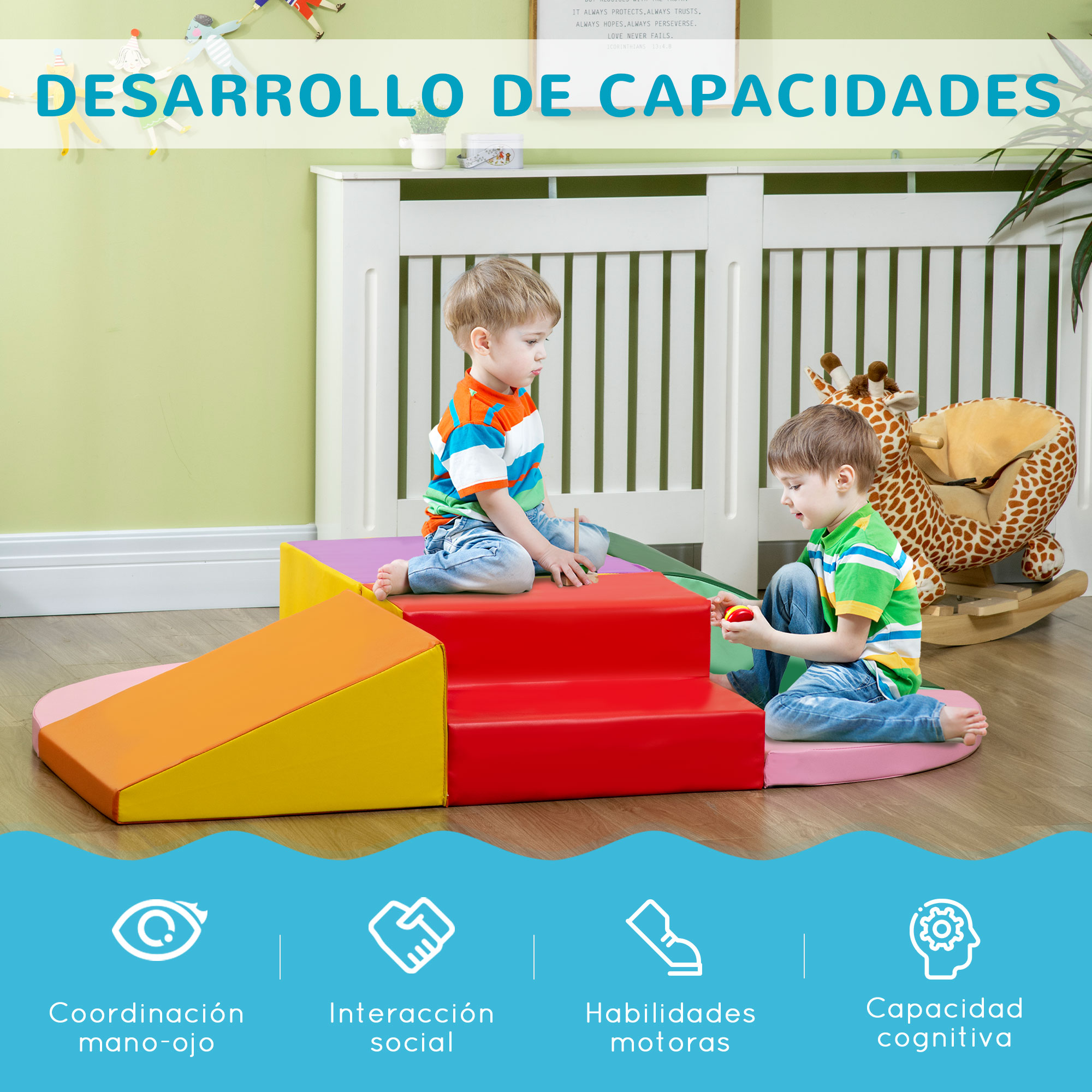 Dos niños jugando en bloques de espuma coloridos. Un balancín de jirafa está en el fondo. La escena promueve habilidades de desarrollo.