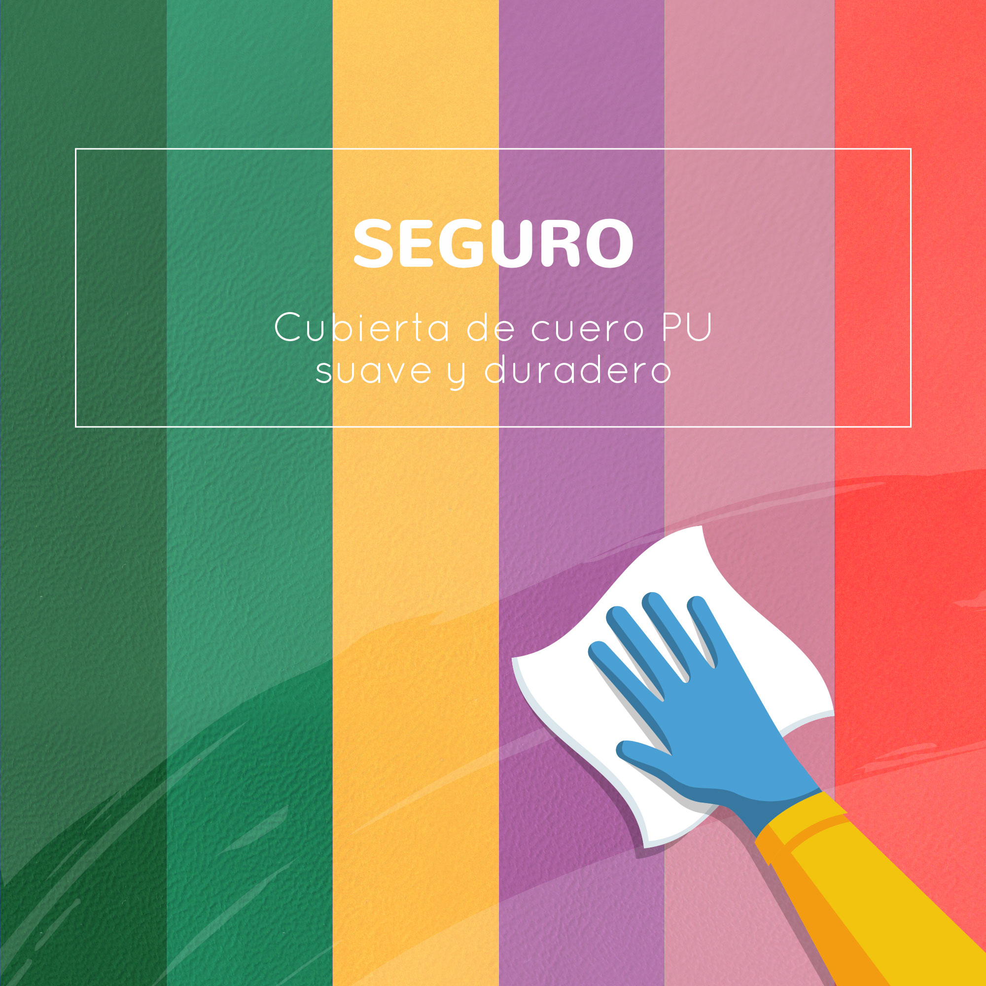 La imagen muestra franjas coloridas, una mano con un guante azul sosteniendo un paño blanco, limpiando una superficie.