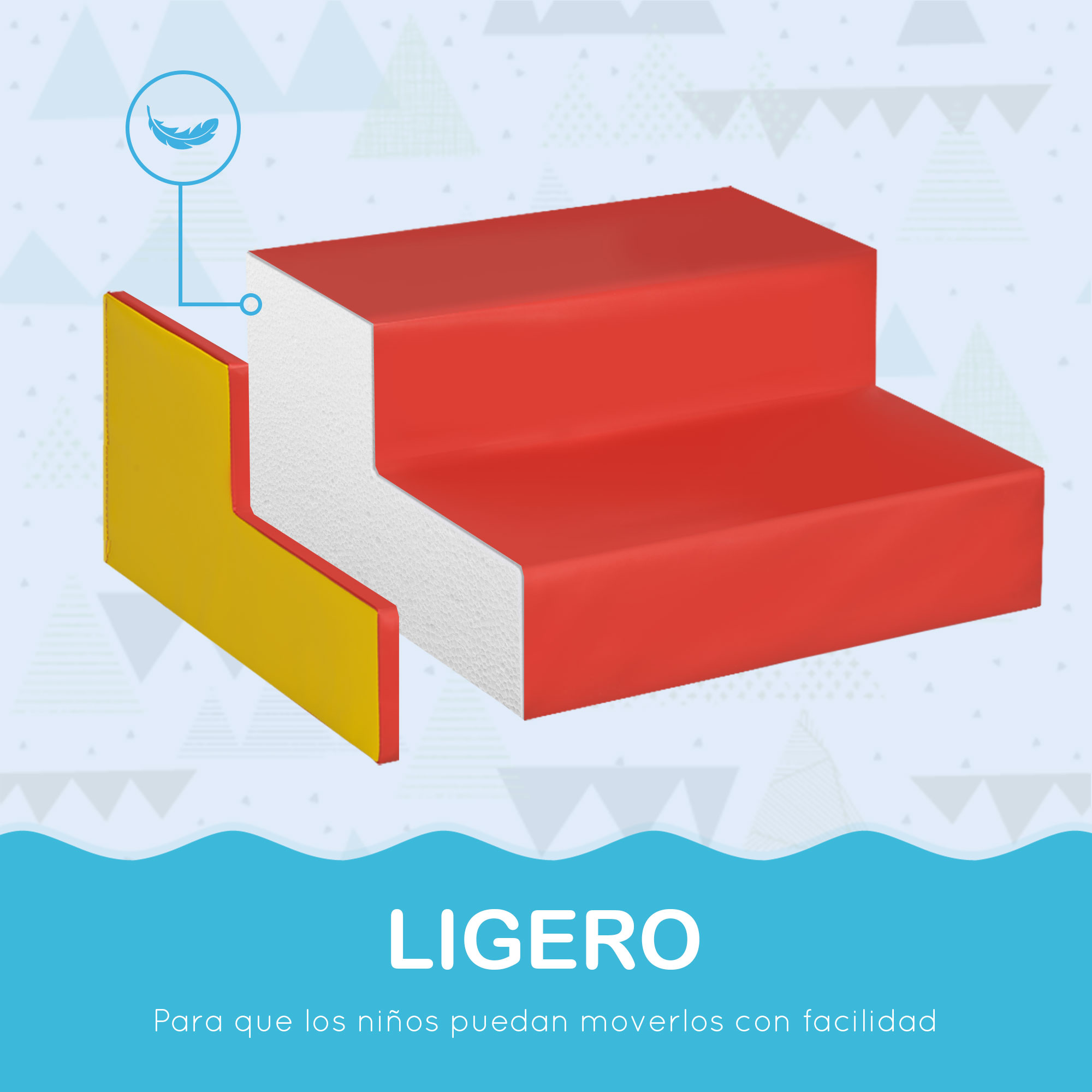 Estructura de juego de espuma roja, amarilla y blanca. El texto blanco dice 'LIGERO' y 'Para que los niños puedan moverlos con facilidad'.