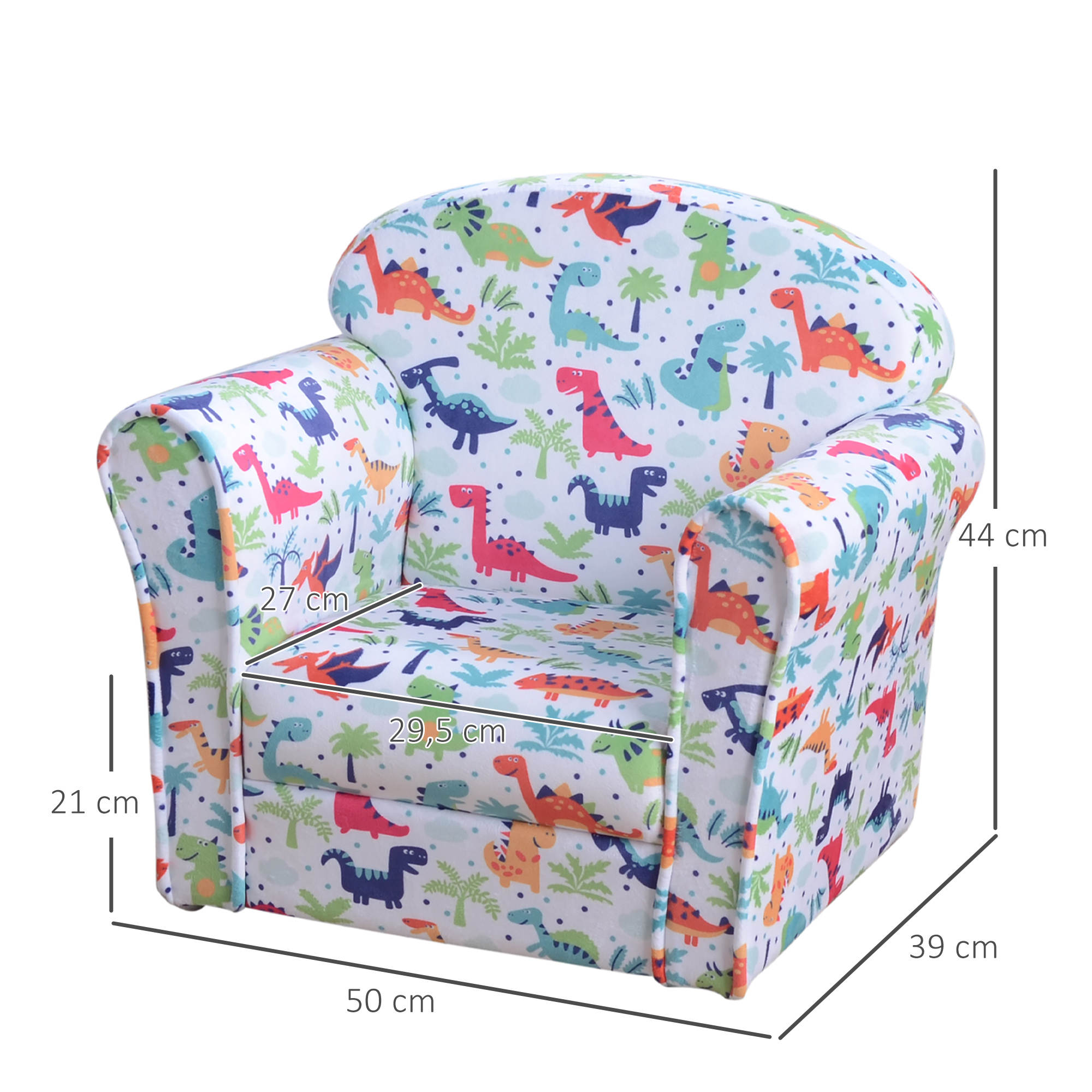 Un sillón infantil con estampado de dinosaurios de colores. Se muestran las dimensiones. Fondo blanco.