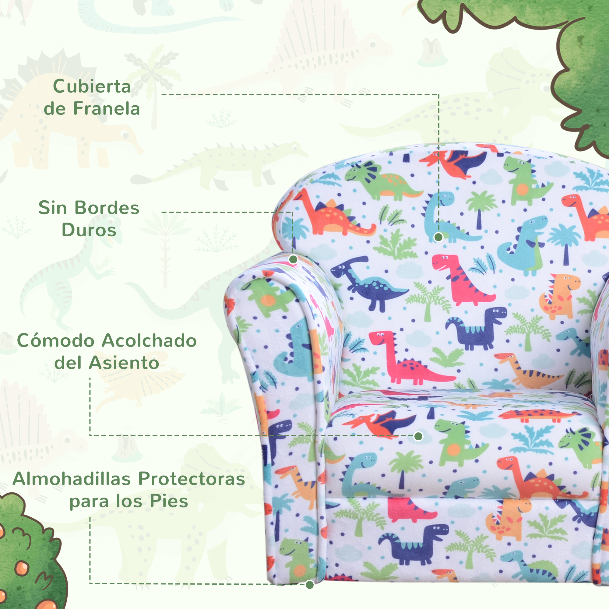 Una silla infantil con un estampado de dinosaurios. La silla tiene dinosaurios coloridos y palmeras sobre fondo blanco.