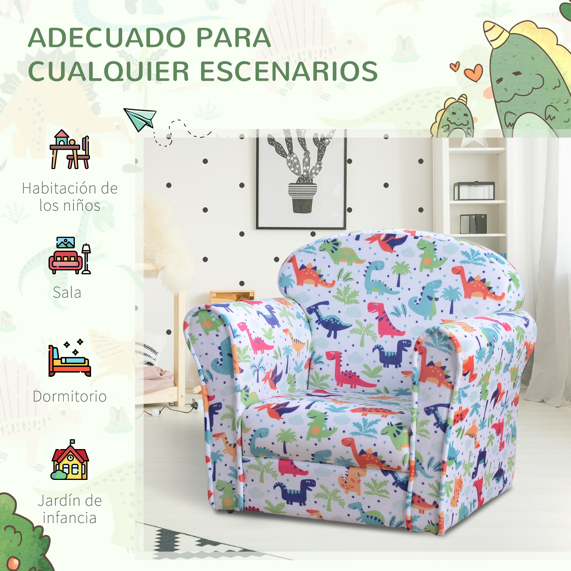 Un sillón infantil con estampado de dinosaurios. El fondo presenta una pared blanca con puntos negros, una estantería y un cuadro de cactus.