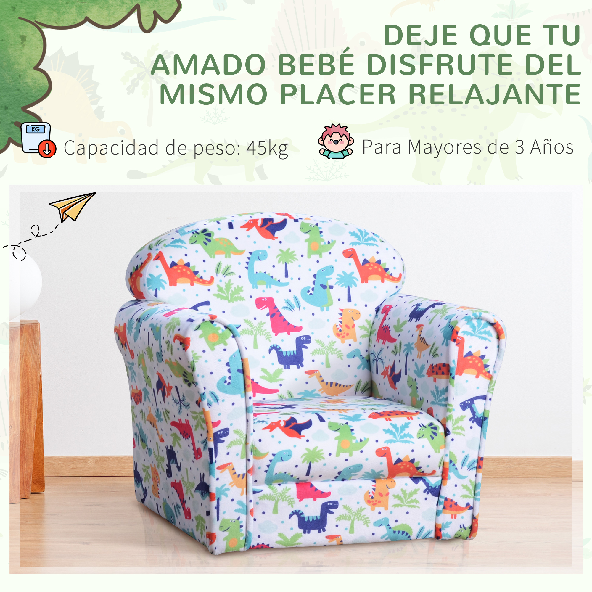 Sillón infantil con fondo blanco, estampado de dinosaurios y texto en español.