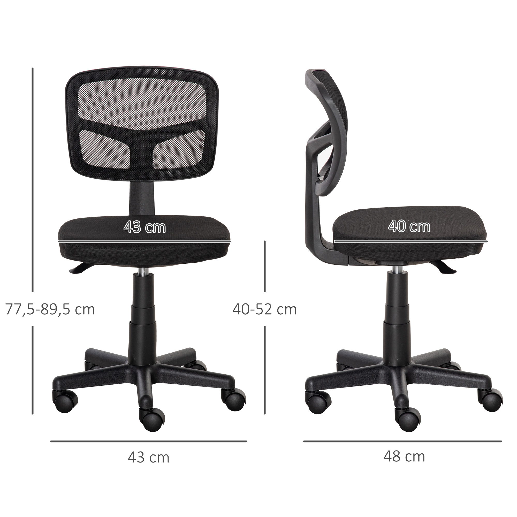 Dos vistas de una silla de oficina negra. Tiene respaldo de malla, asiento acolchado y base de cinco estrellas con ruedas.