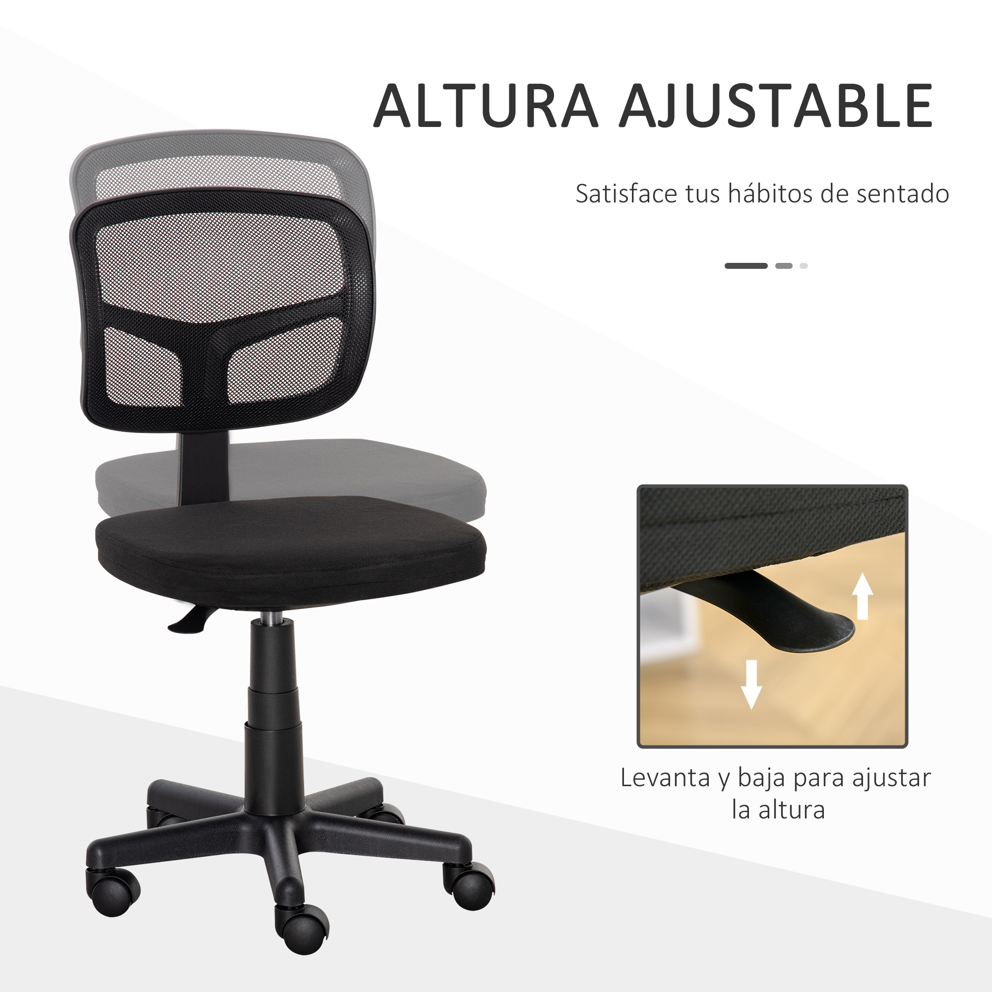 Silla de oficina negra con respaldo de malla y altura ajustable. Imagen muestra cómo ajustar la altura con una palanca.