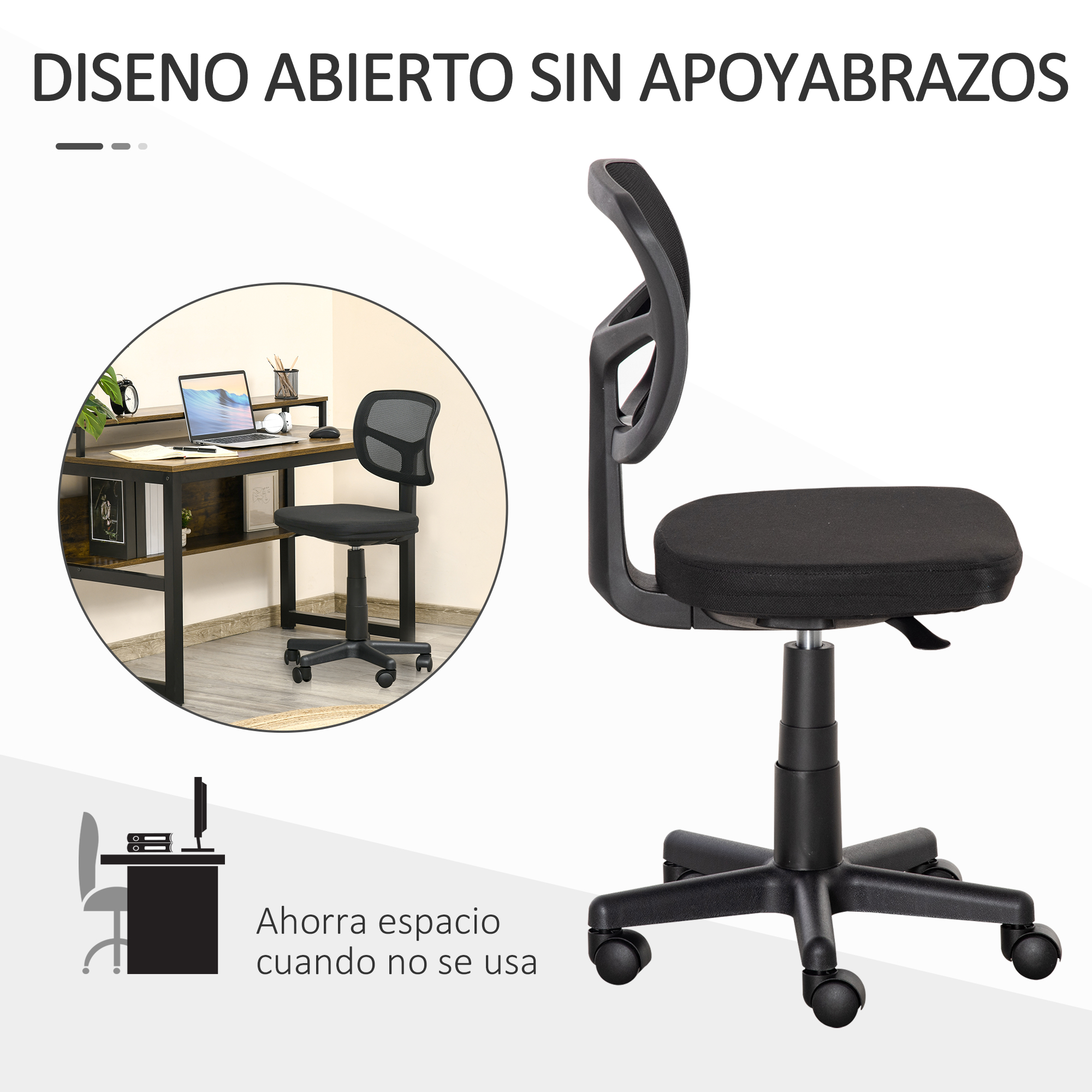 Una silla de oficina con respaldo y asiento de malla negra, junto a un escritorio con portátil. La silla tiene ruedas.