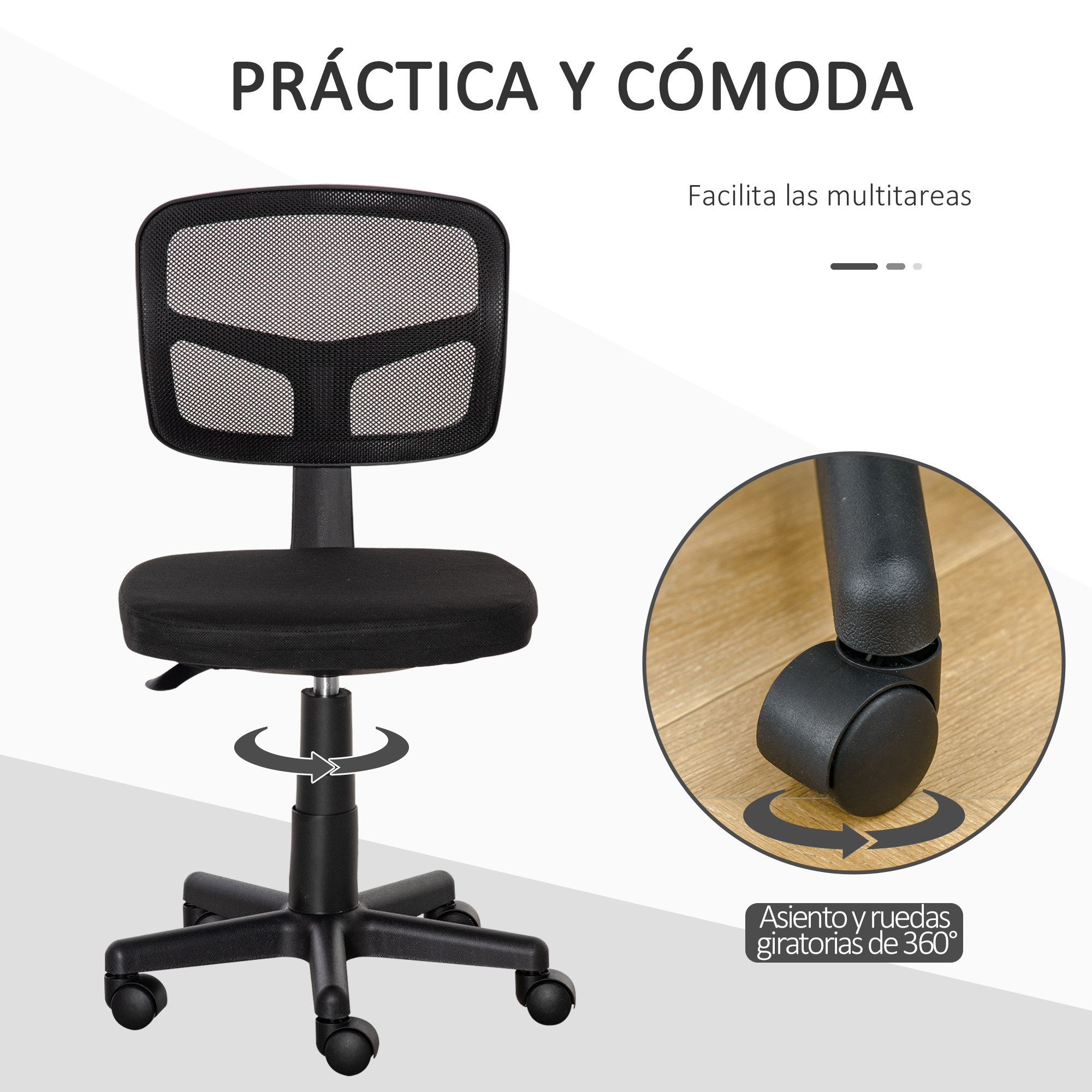 Silla de oficina negra con respaldo de malla y ruedas giratorias de 360°. El fondo es blanco con texto en español.