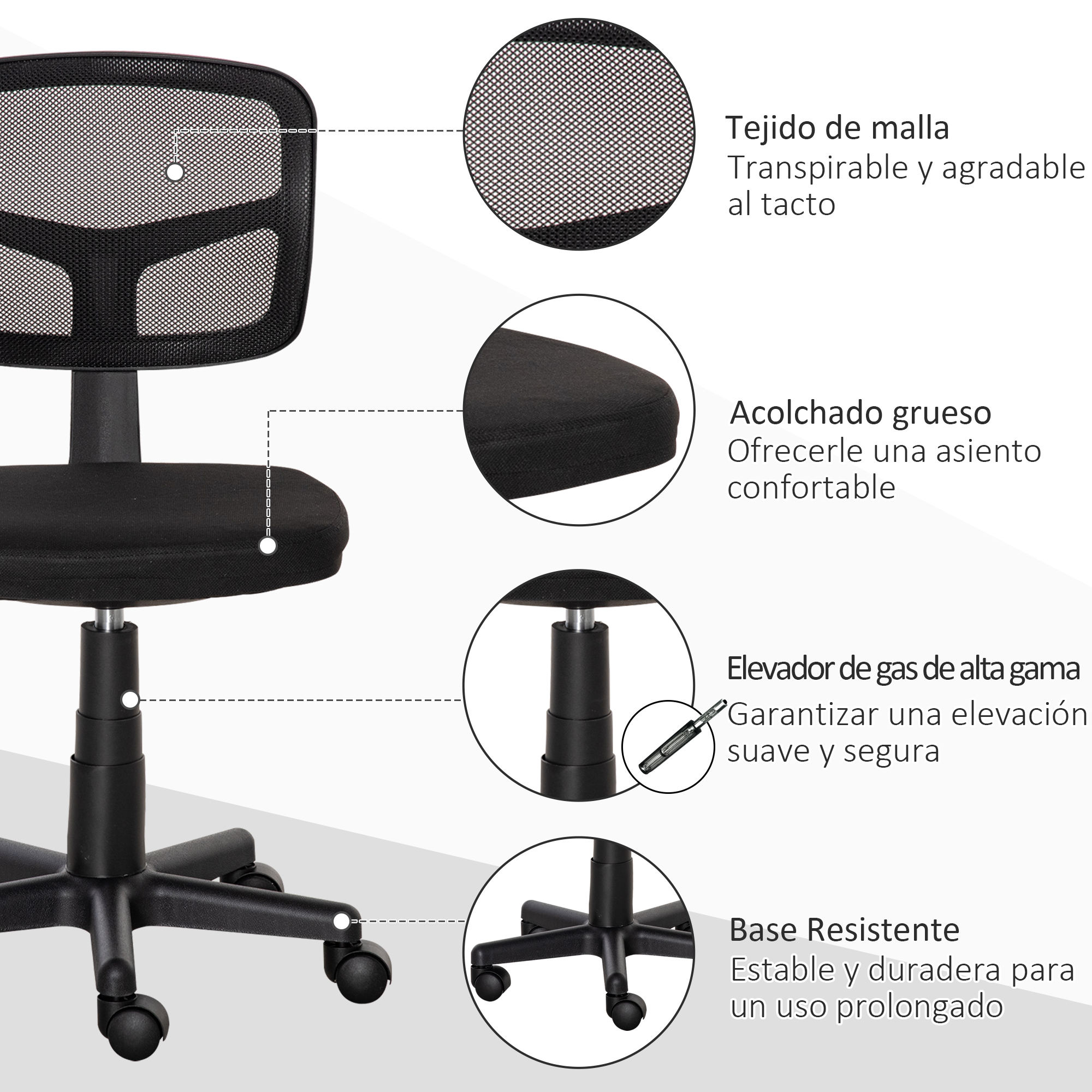 Silla de oficina negra con respaldo de malla, asiento acolchado, elevador de gas y base con ruedas. Vista detallada.