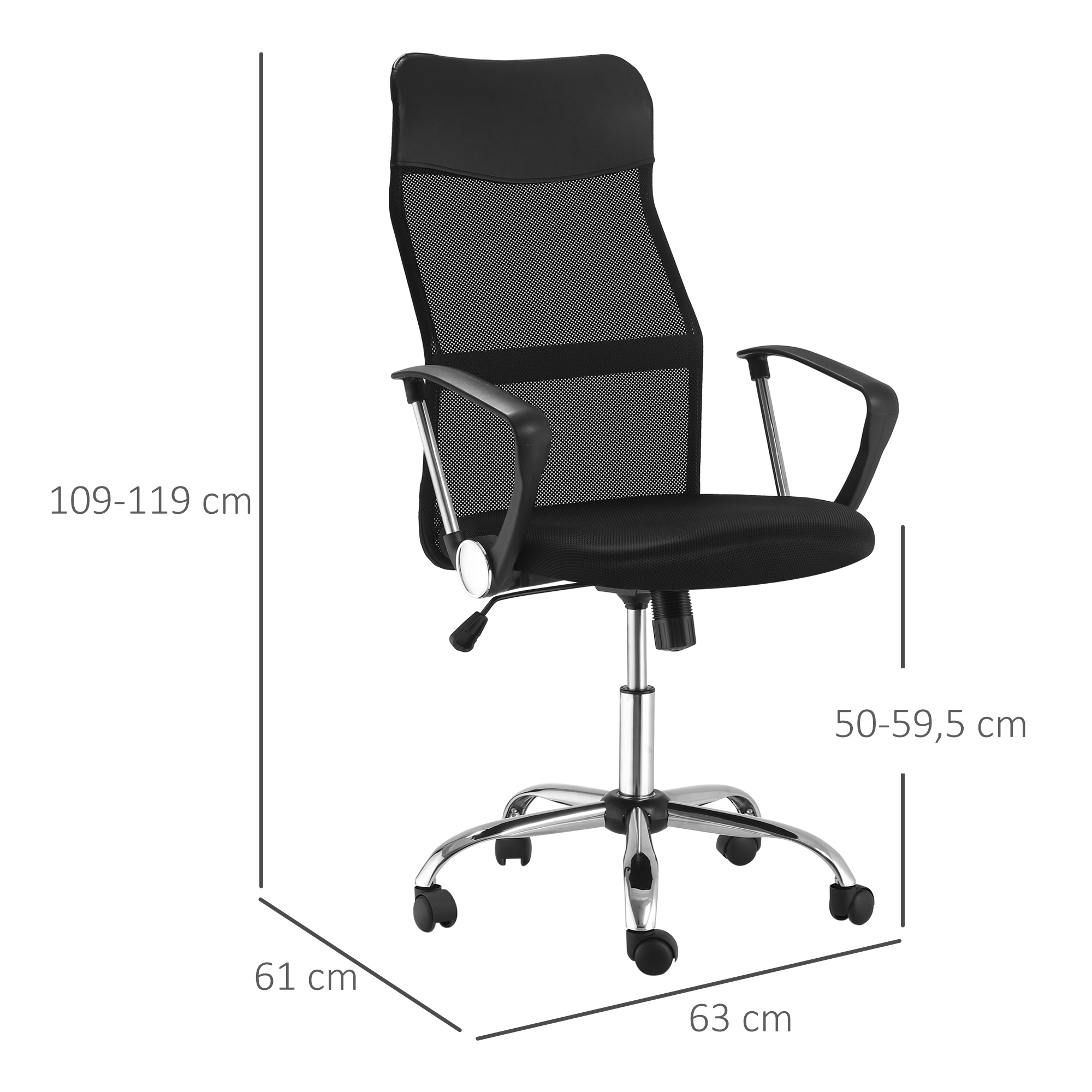 Una silla de oficina negra con respaldo de malla y patas cromadas. Dimensiones: altura 109-119cm, profundidad del asiento 50-59,5cm, ancho base 61-63cm.