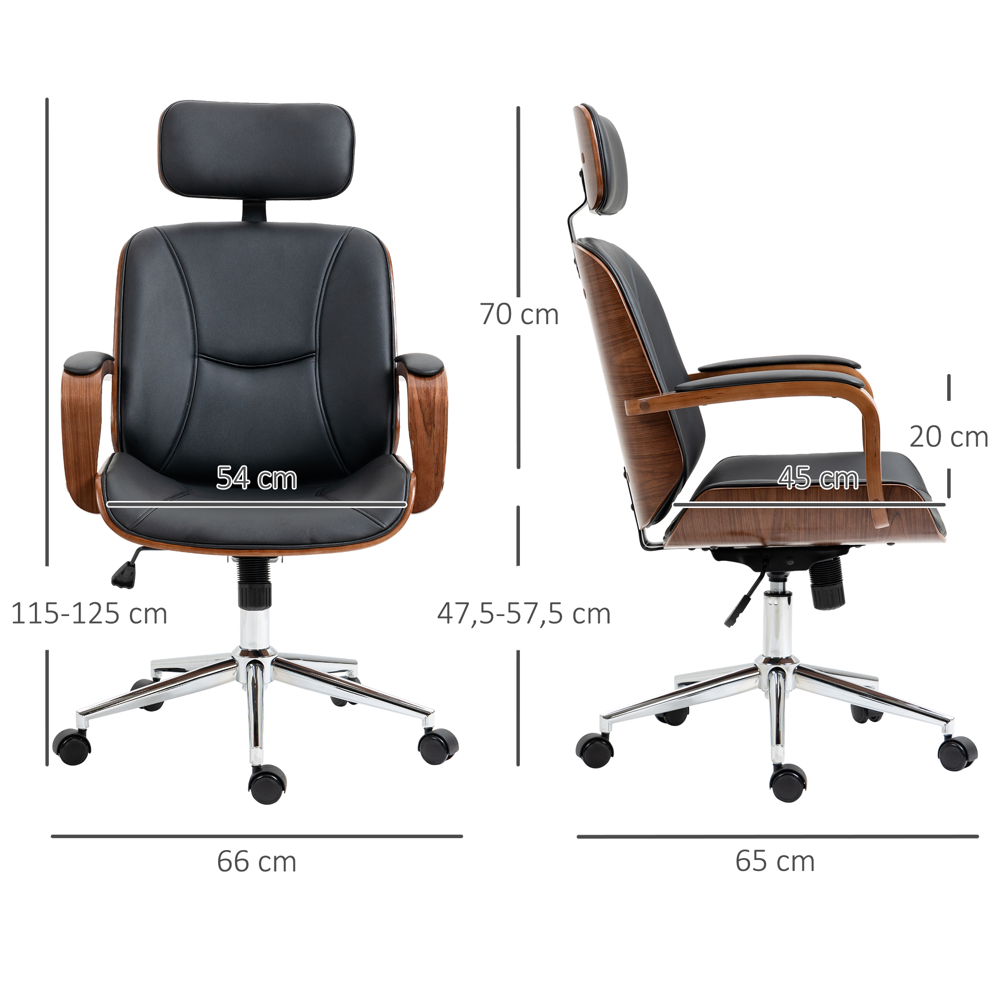 Silla de oficina negra y de madera con medidas. Presenta reposacabezas, reposabrazos y base cromada con ruedas.