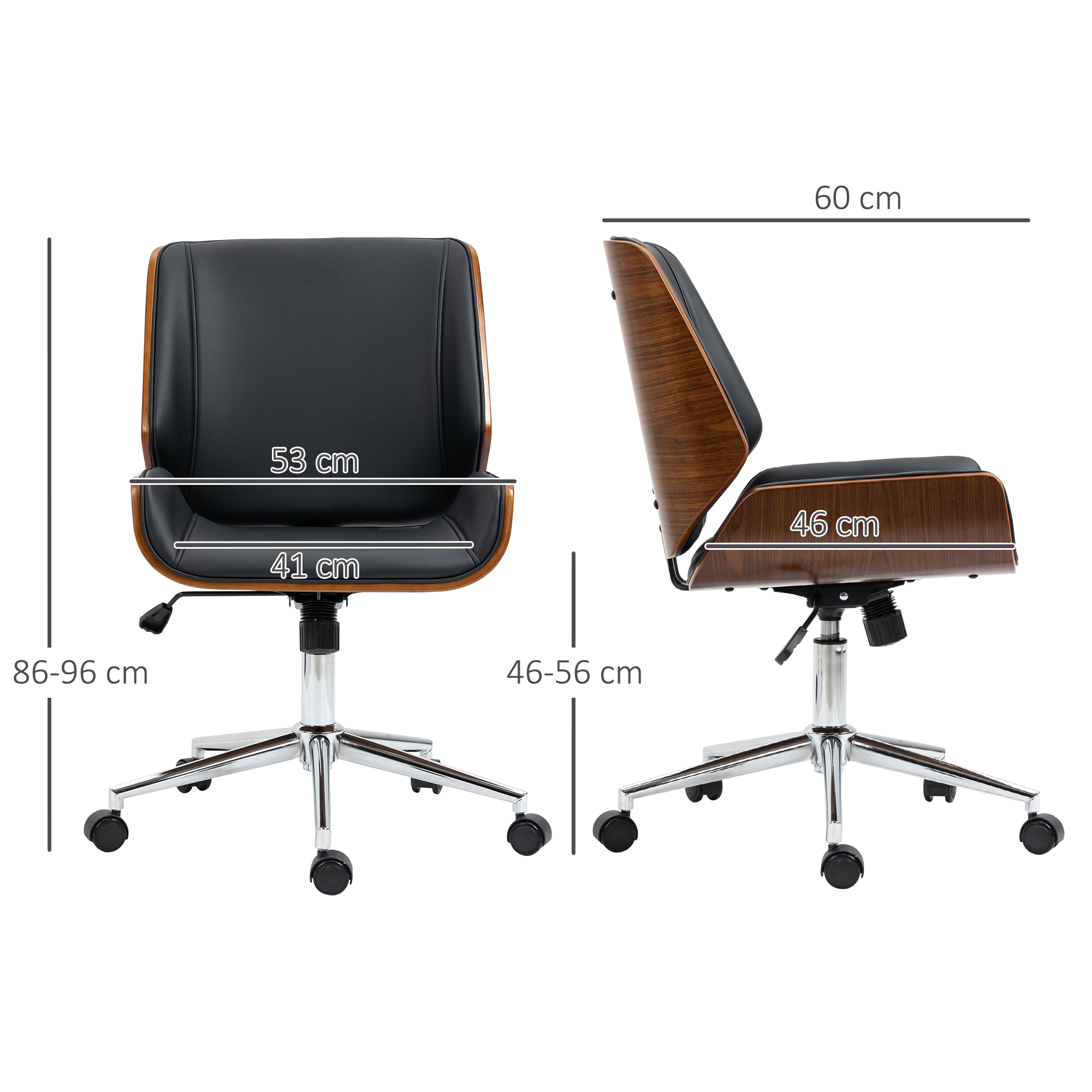 Silla de oficina negra y marrón. Dimensiones: altura 86-96 cm, ancho 41-60 cm. Base cromada con ruedas.