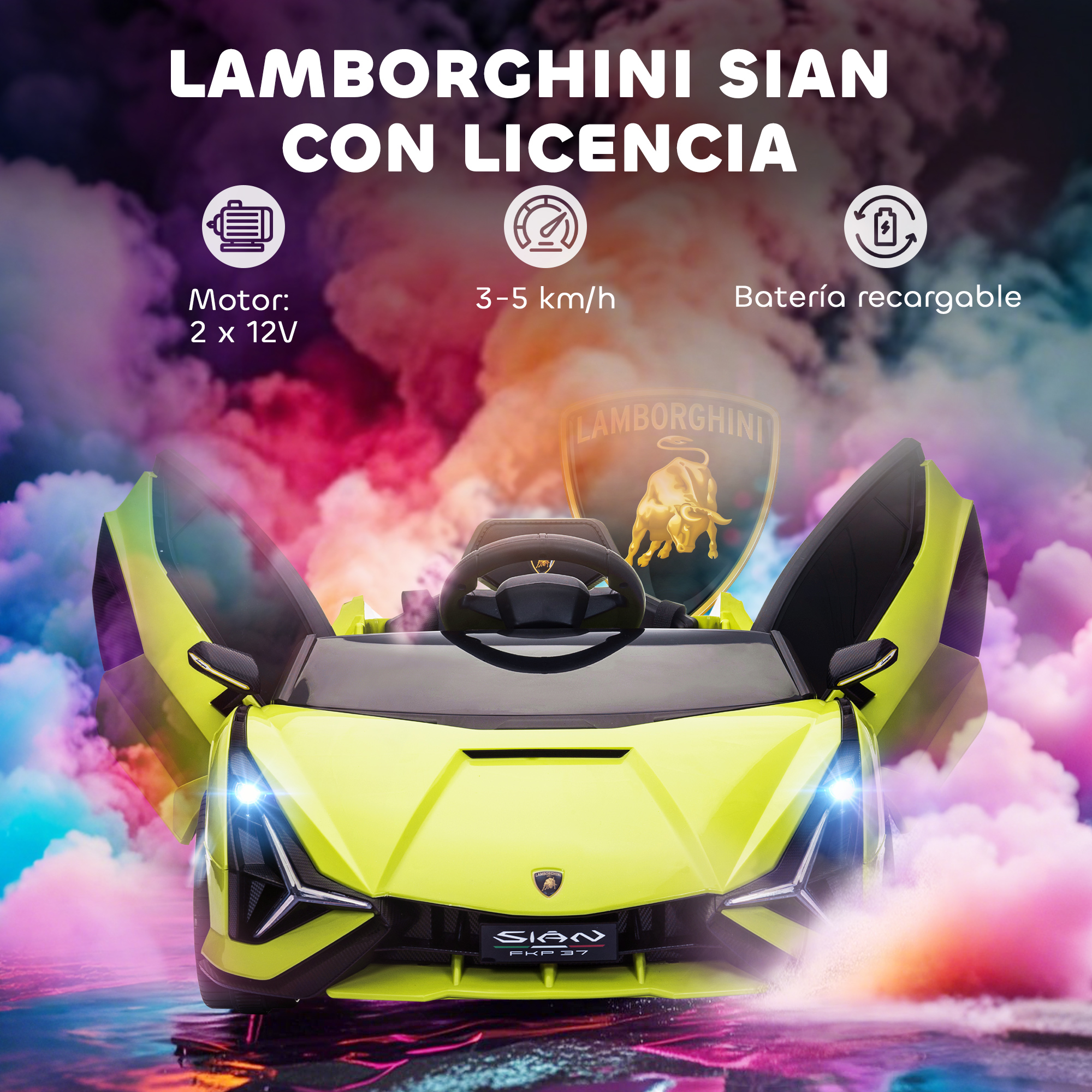Un coche de juguete Lamborghini Sian amarillo con puertas abiertas, logo y texto, contra un fondo de nubes de colores.