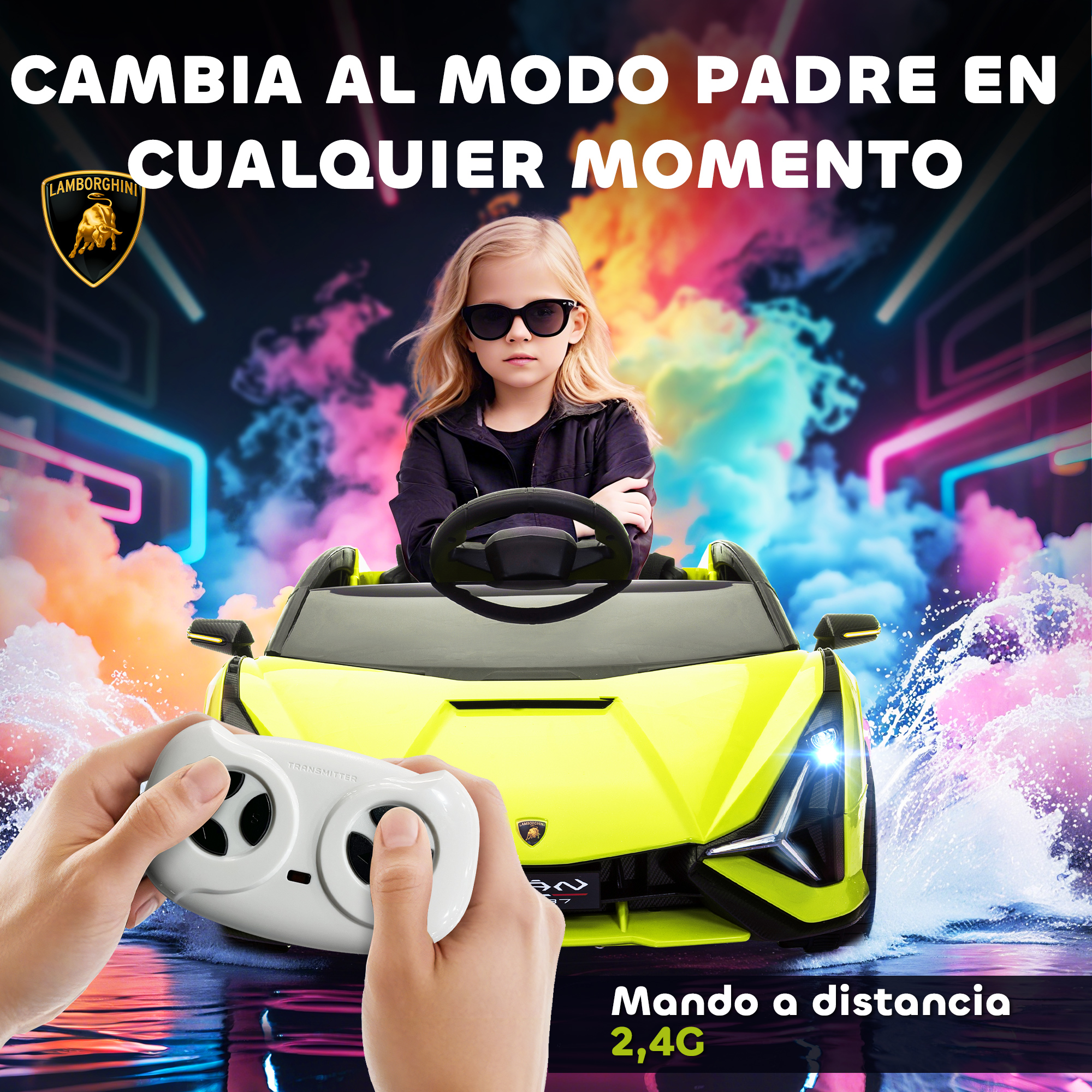 Una niña con gafas de sol está sentada en un coche de juguete amarillo. Un control remoto se sostiene en las manos. Fondo colorido y texto.