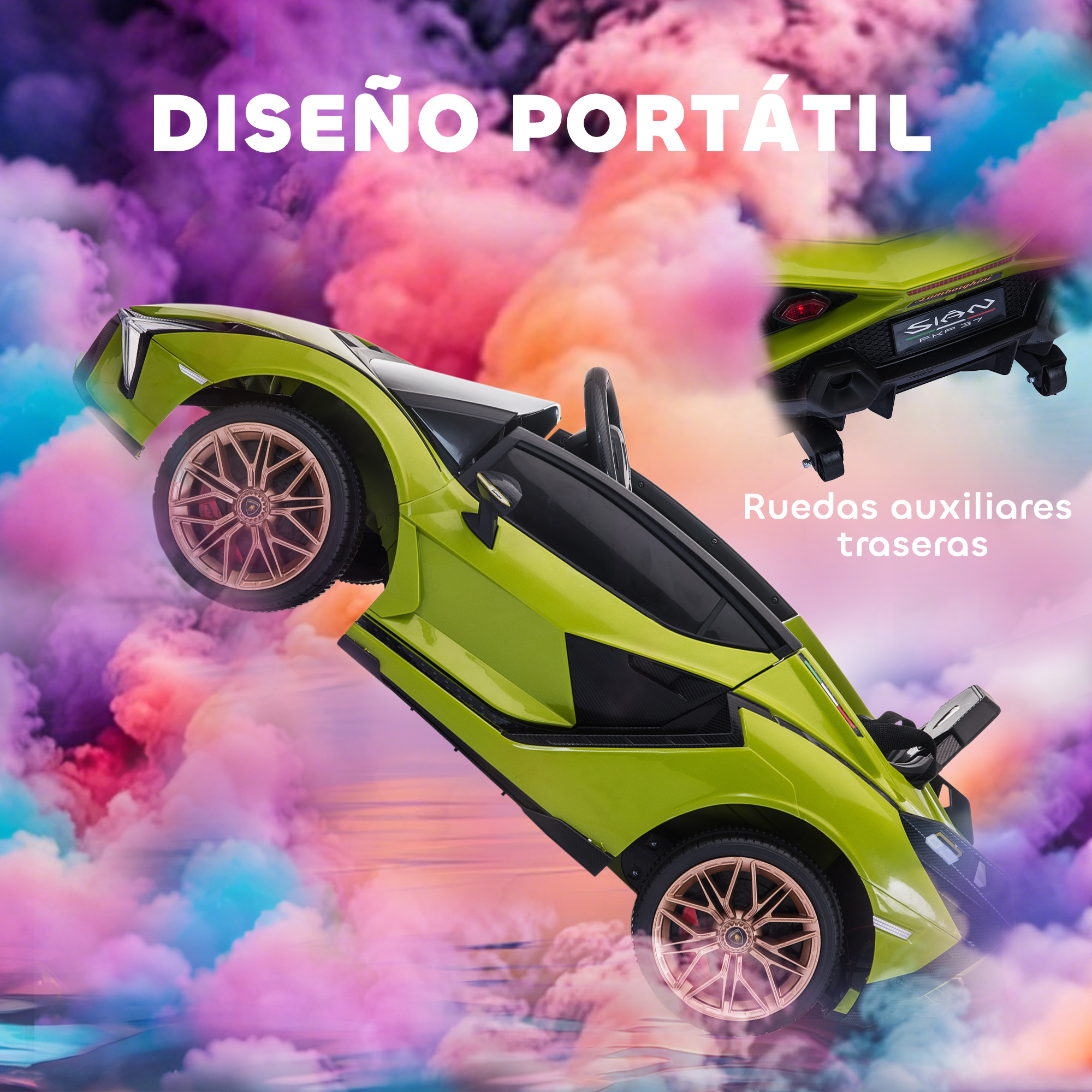 Un coche de juguete verde con llantas doradas, el fondo tiene nubes de colores. El texto dice 'diseño portátil' y 'ruedas traseras auxiliares'.