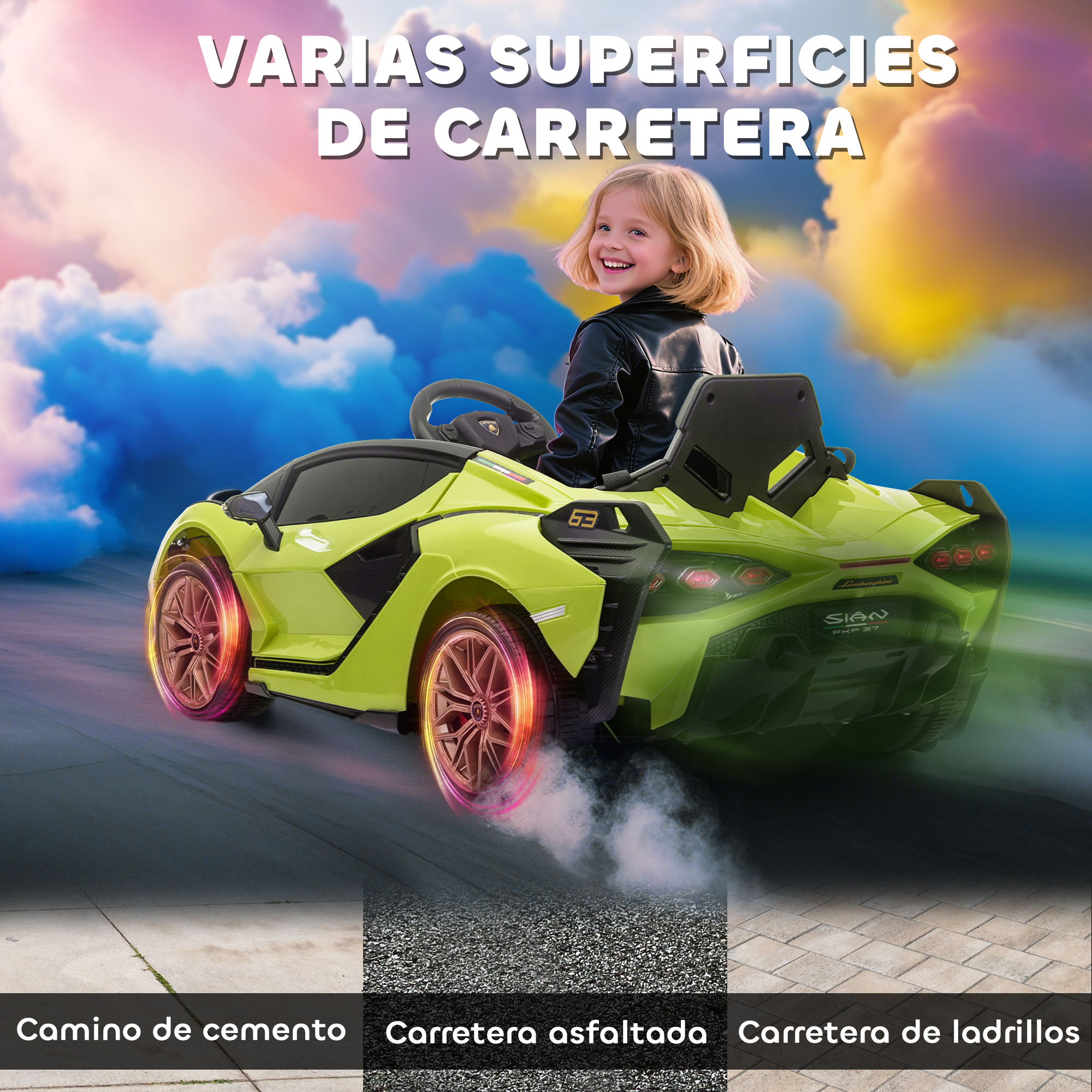 Una niña en un coche de juguete. El coche está en diferentes superficies de carretera. El fondo es un cielo colorido.