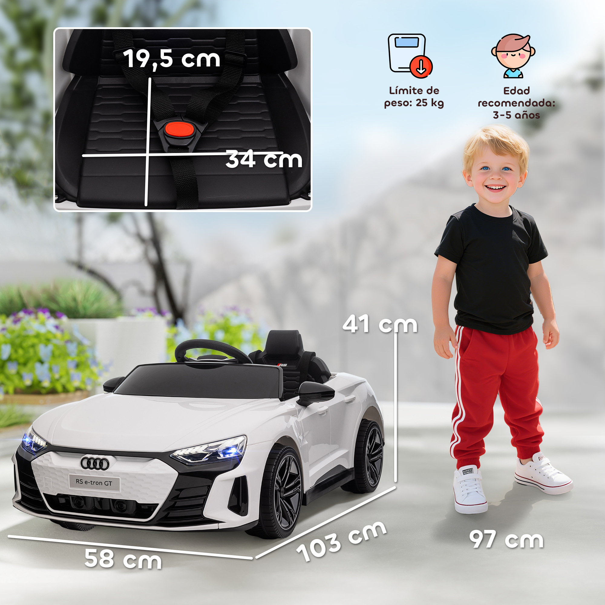Un coche de juguete blanco con un niño delante. Se incluyen las dimensiones. El coche está etiquetado RS e-tron GT.