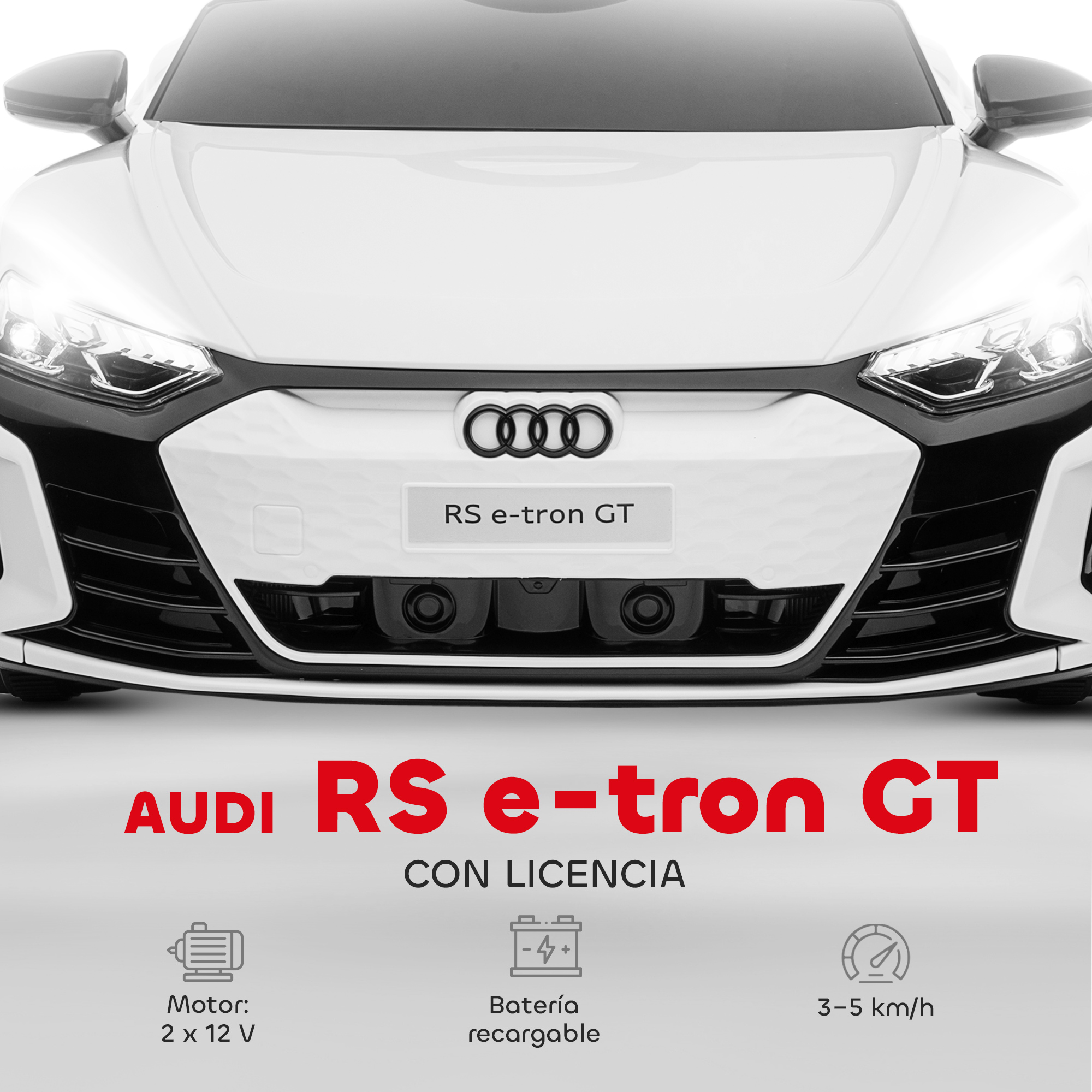 Coche de juguete Audi RS e-tron GT blanco. Incluye el logotipo de Audi, nombre del modelo y especificaciones del motor y la velocidad.
