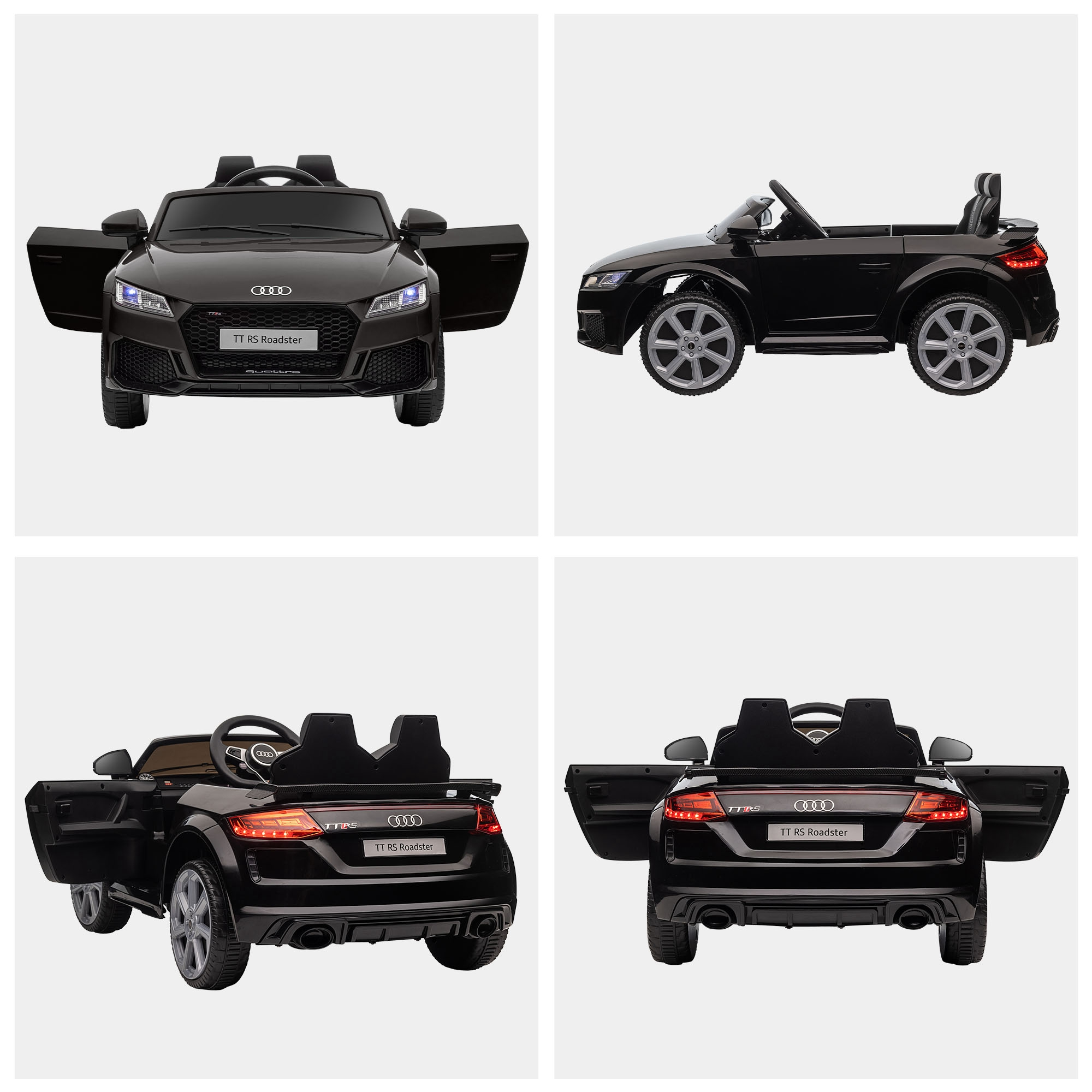 Coche de juguete Audi TT RS Roadster negro, puertas abiertas, varios ángulos sobre fondo blanco.