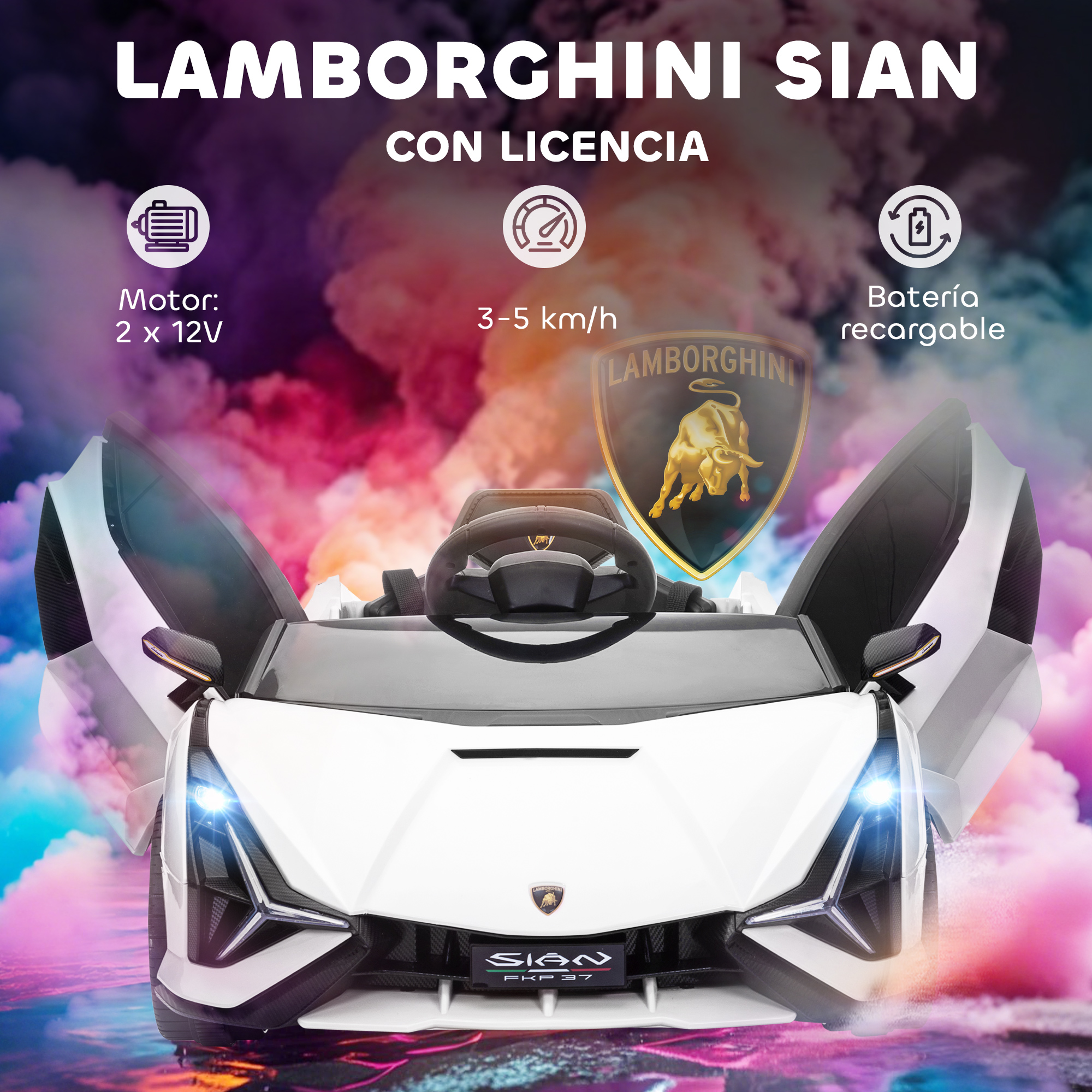 Coche de juguete Lamborghini Sian blanco con puertas de ala de gaviota abiertas. Tiene motor 2x12V, velocidad 3-5 km/h y batería recargable.