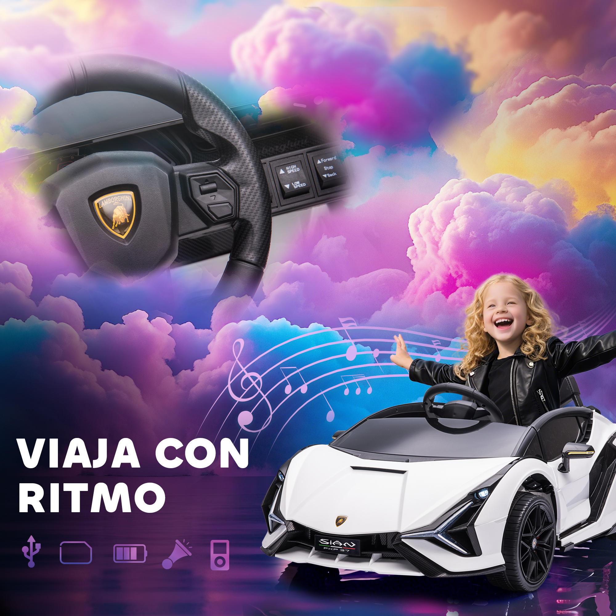 Una niña en un coche de juguete blanco con el logo de Lamborghini sonríe. El fondo presenta nubes coloridas y notas musicales.