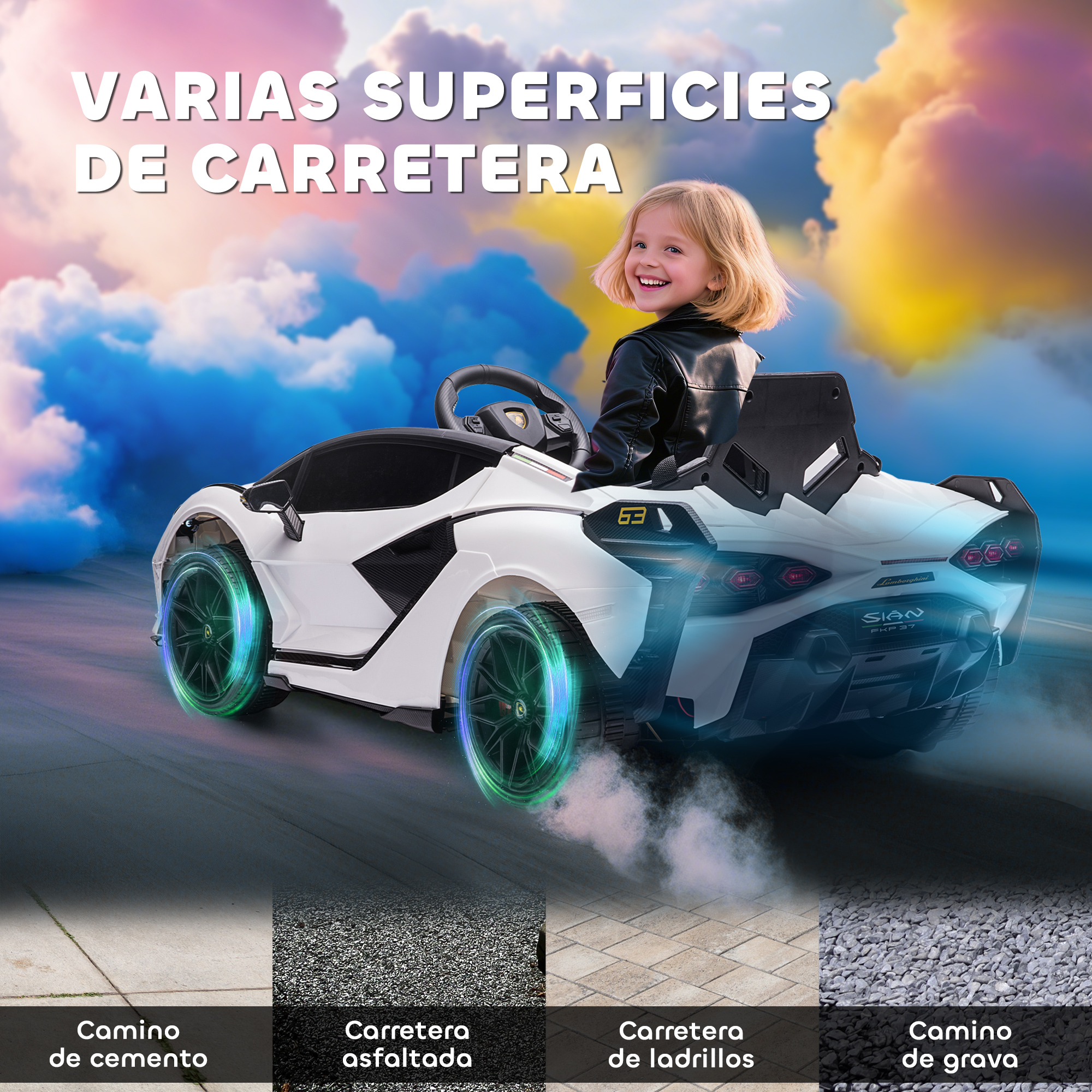 Una niña sonríe en un coche de juguete blanco. El texto dice 'varias superficies de carretera', con ejemplos como cemento y grava.