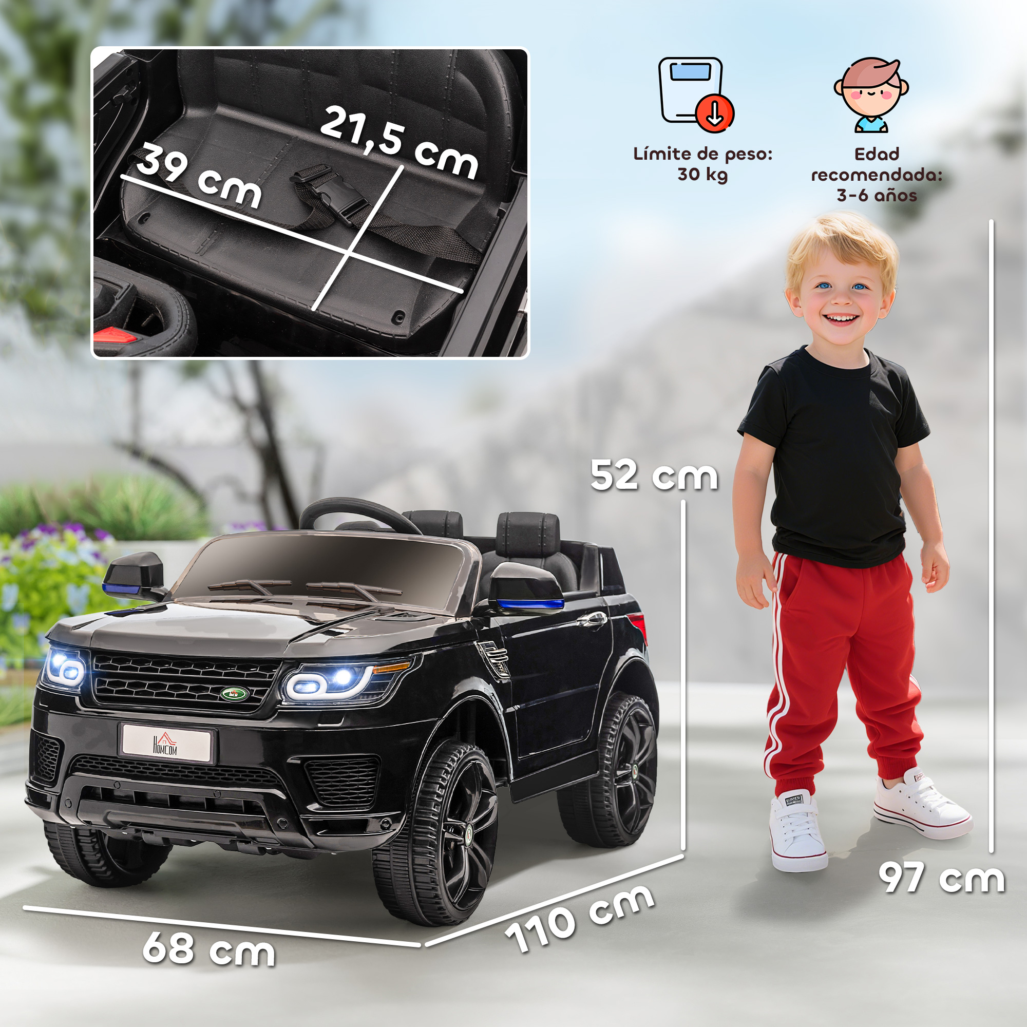Un coche de juguete negro con un niño. Se muestran las dimensiones. El coche tiene luces y cinturón de seguridad. Hay un letrero de límite de peso.