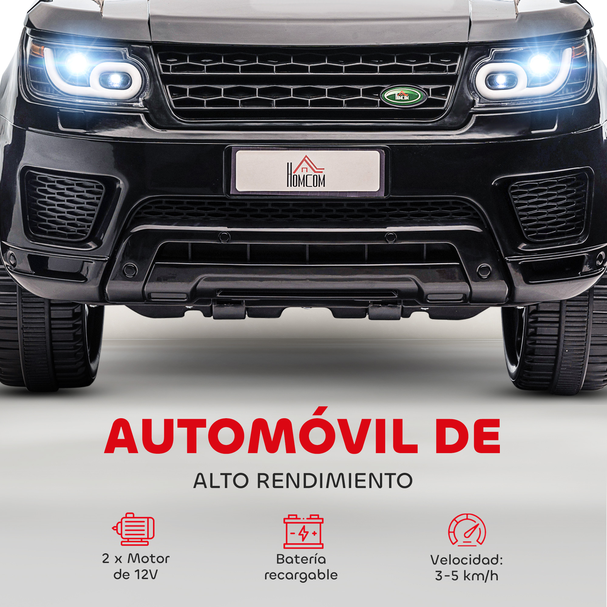 Coche de juguete negro con faros brillantes, logotipo de HomCom y texto sobre motor, batería y velocidad.
