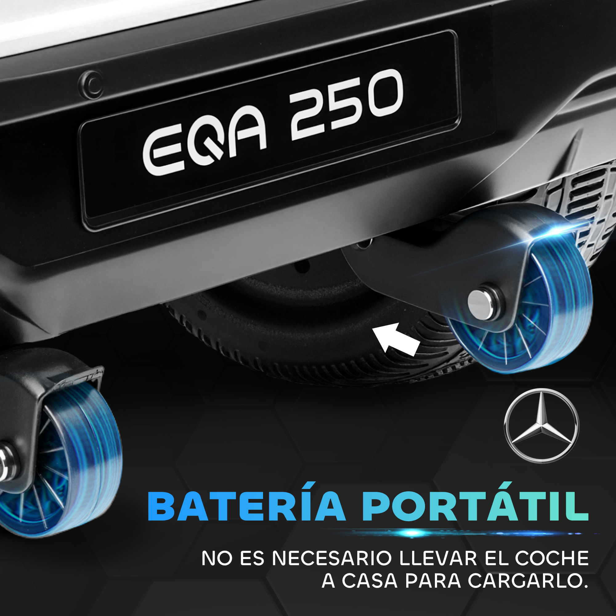 Un coche de juguete blanco y negro con ruedas azules. El texto dice EQA 250 y BATERÍA PORTÁTIL. El coche tiene el logo de Mercedes.