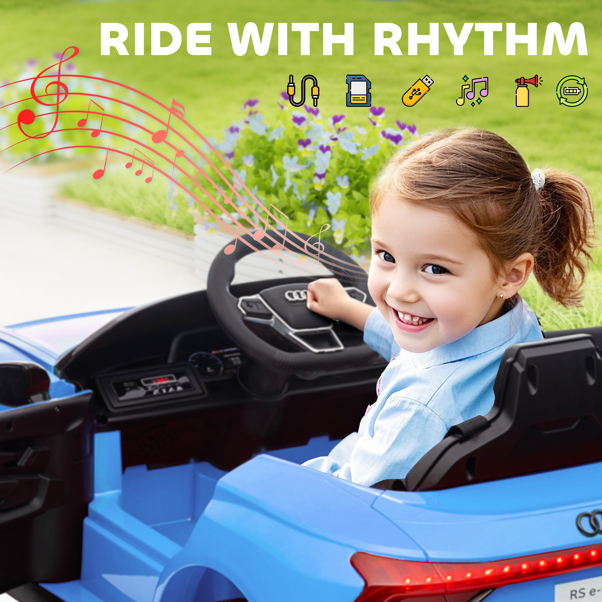 Una niña sonríe en un coche de juguete azul. La imagen incluye notas musicales e iconos, sugiriendo música y paseo.