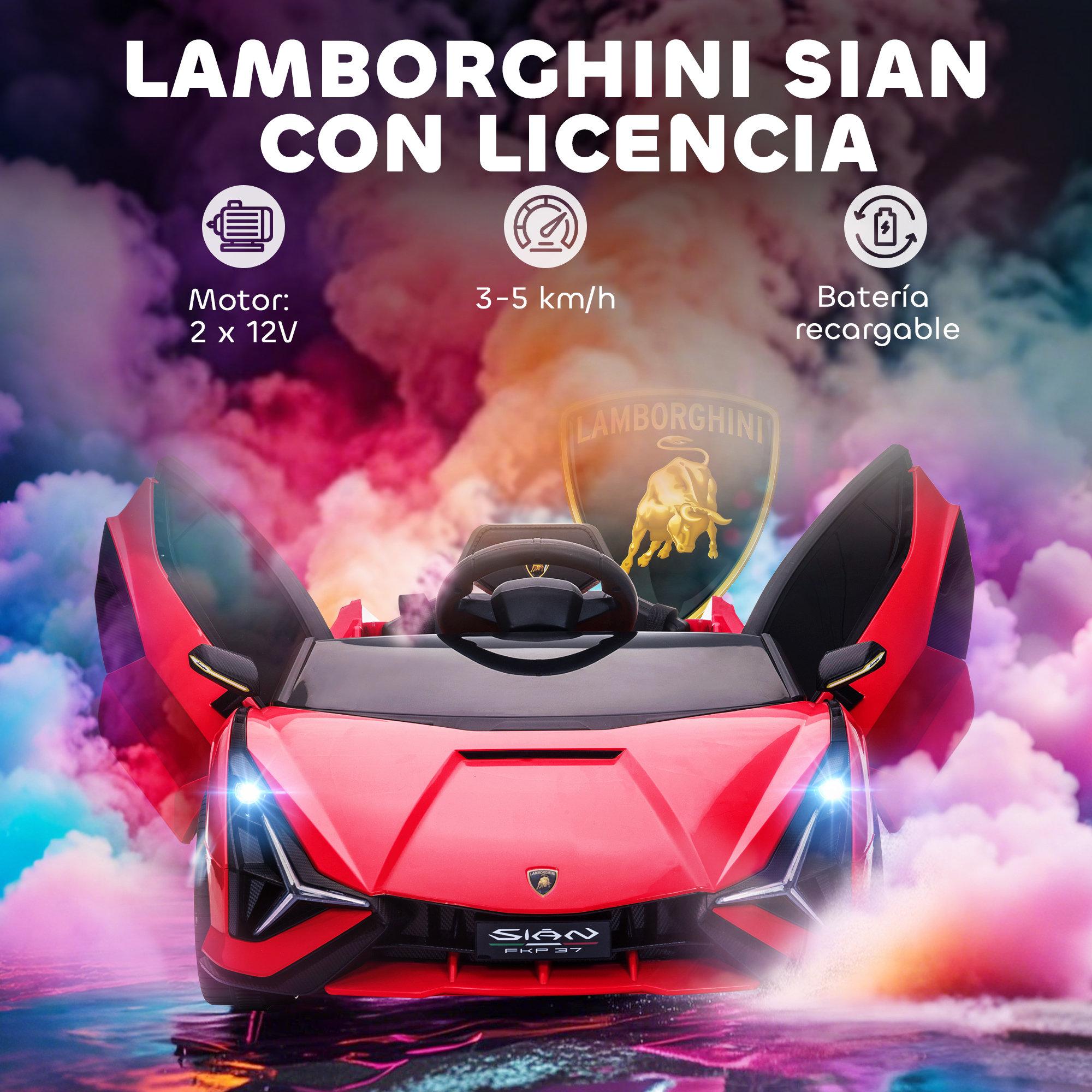 Coche de juguete Lamborghini rojo con puertas abiertas, 3-5 km/h, motor 2x12V y batería recargable, sobre fondo colorido.