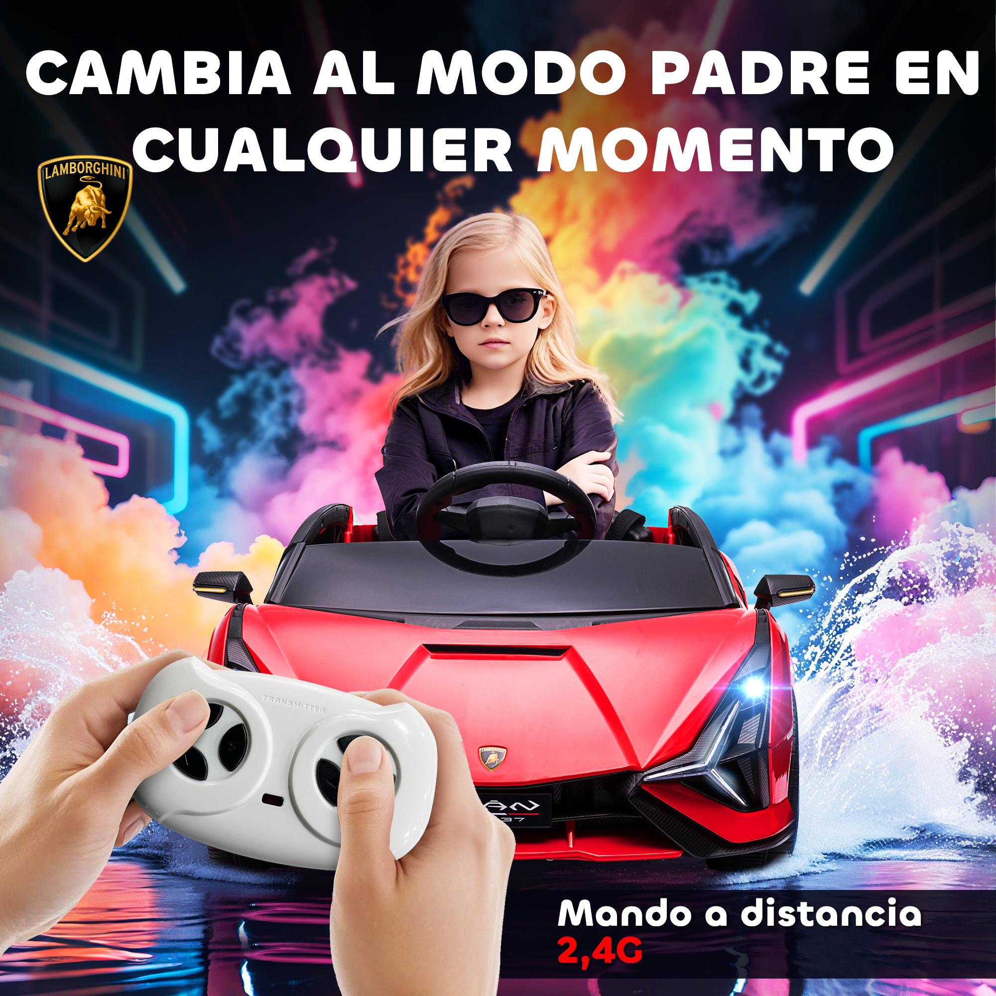 Niña con gafas de sol en coche de juguete rojo. Mando a distancia en primer plano. Fondo colorido.