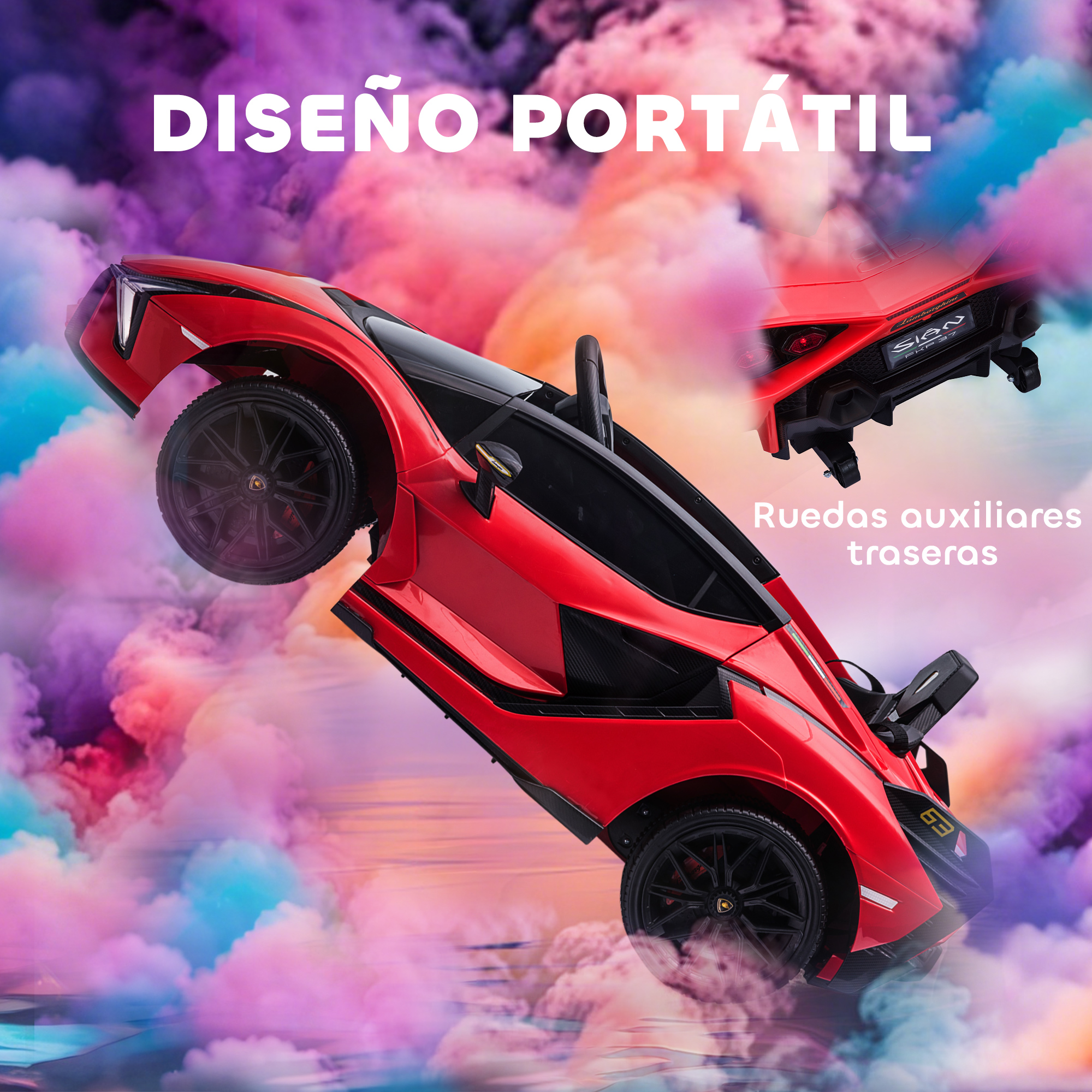 Un coche de juguete rojo con ruedas negras flota sobre un fondo de nubes coloridas. El texto en español dice 'Diseño portátil' y 'Ruedas traseras'.