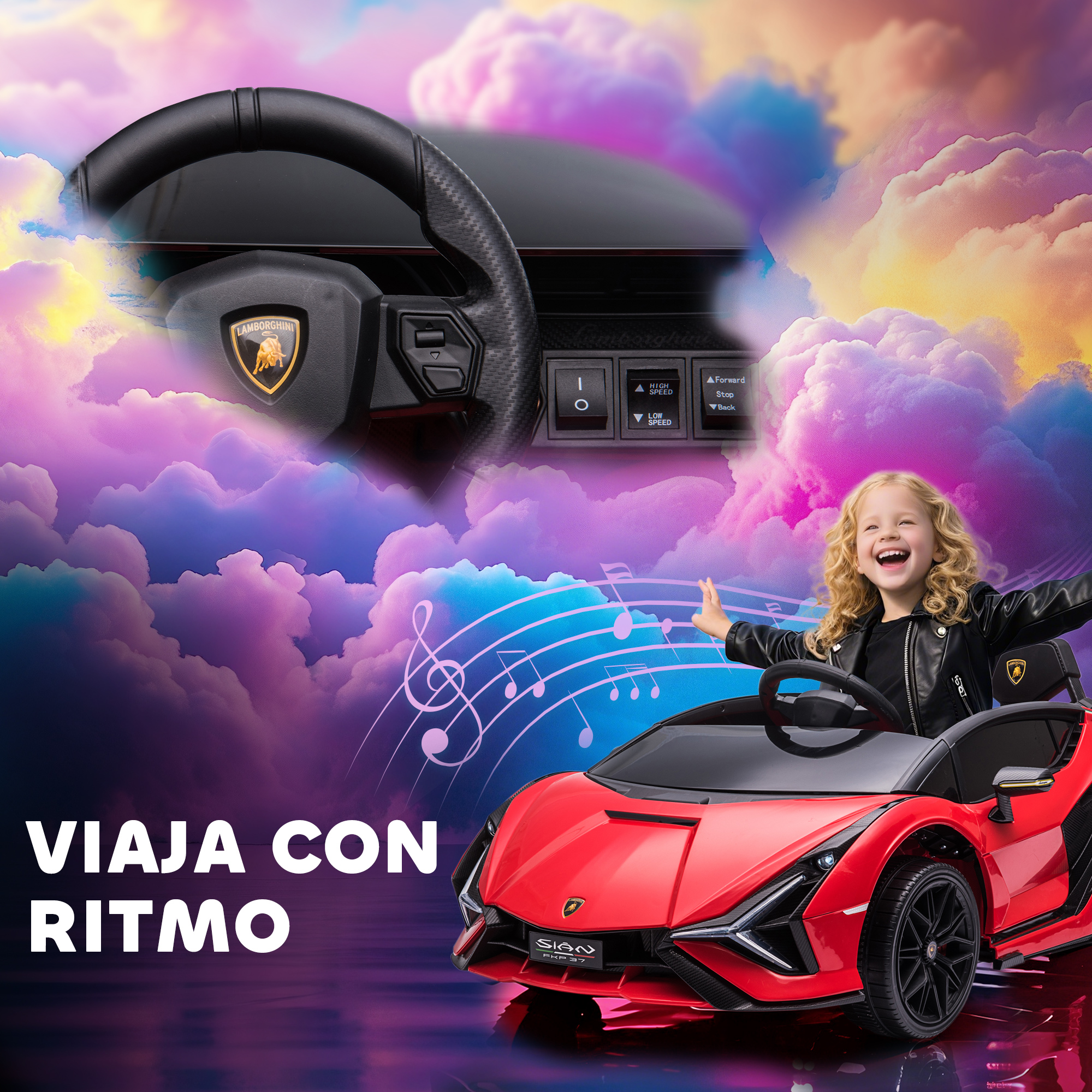 Un niño en un coche de juguete rojo con volante negro. El fondo tiene un cielo nublado y notas musicales.