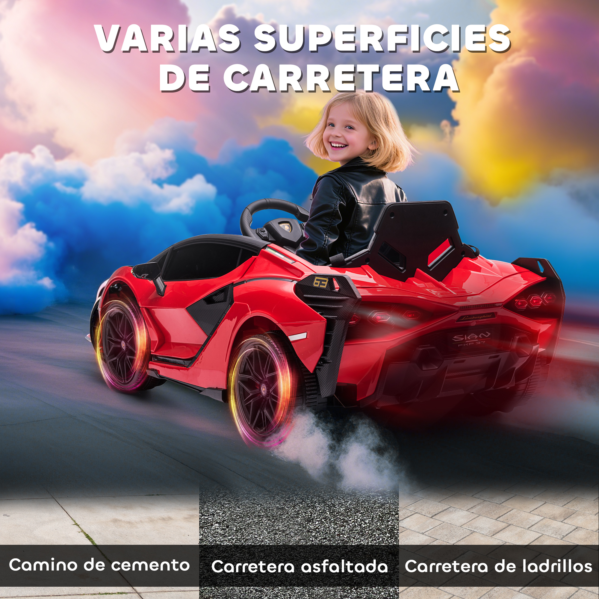 Una niña en un coche de juguete rojo sobre diferentes superficies viales. Texto dice 'Varias superficies de carretera'.