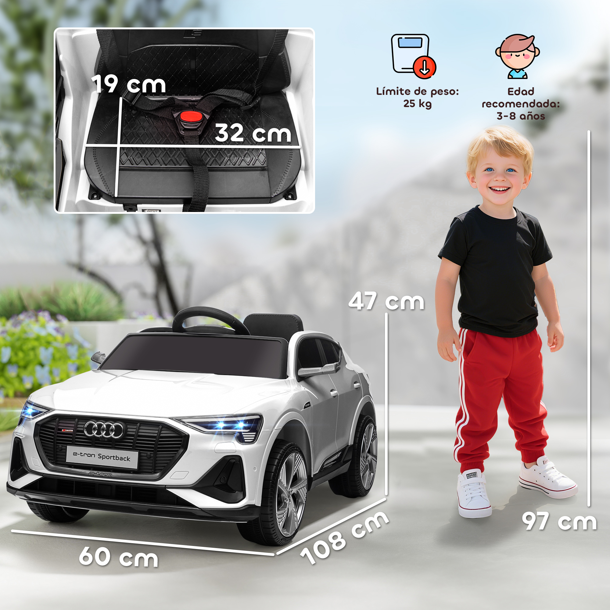 Un coche de juguete Audi e-tron Sportback blanco con un niño con camisa negra y pantalón rojo, y se muestran las dimensiones.