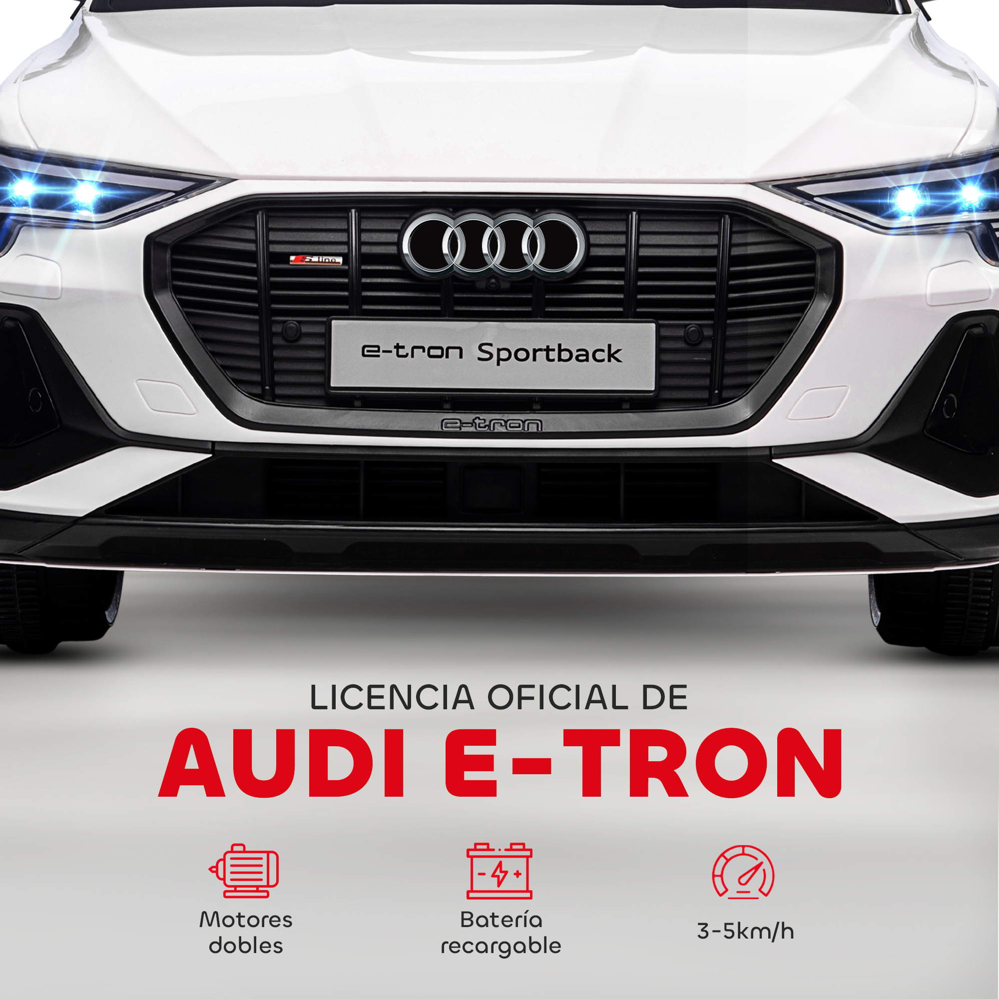 Coche de juguete Audi e-tron Sportback blanco. Características: faros, parrilla delantera con logo y texto: 'LICENCIA OFICIAL DE AUDI E-TRON'.
