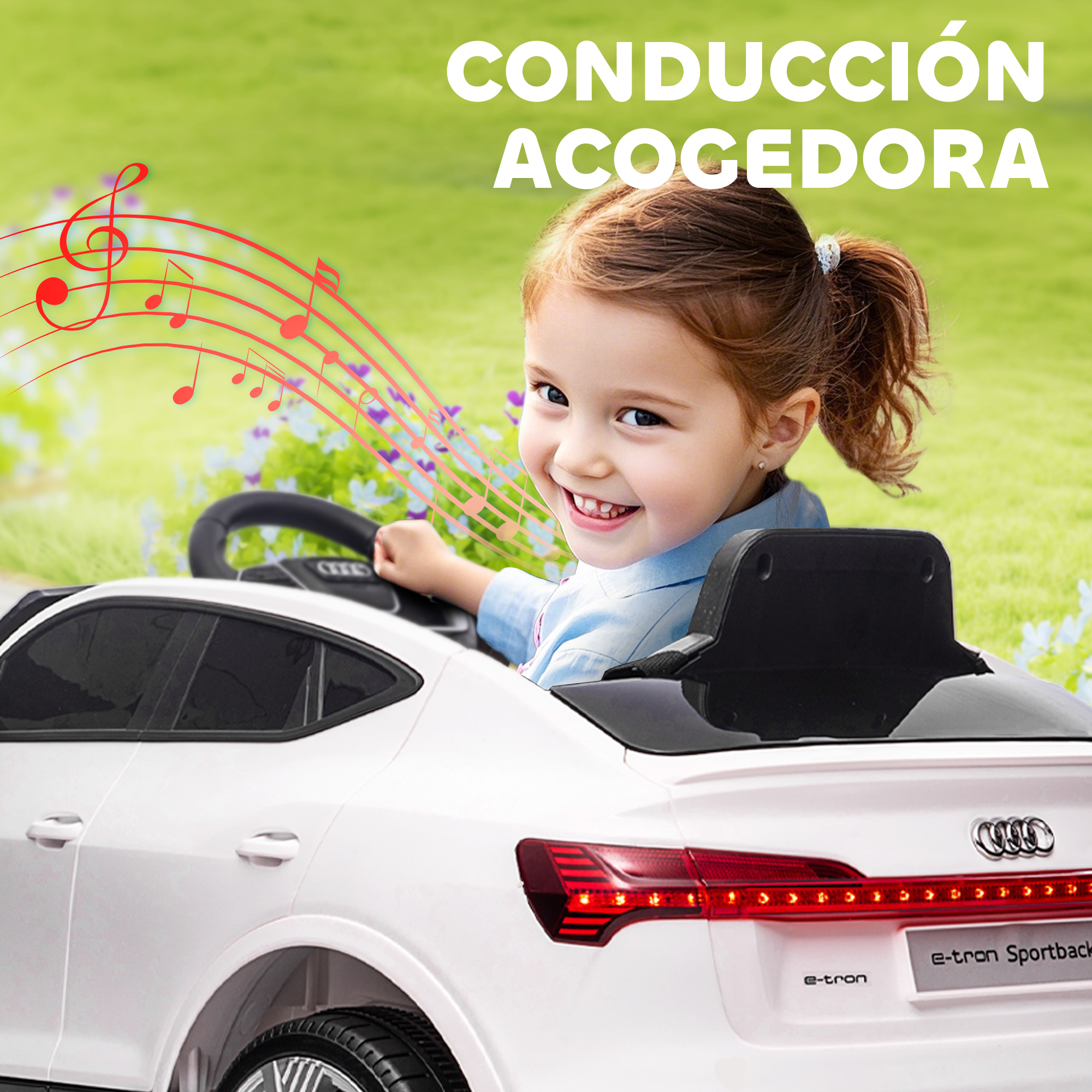 Una niña sonriente conduce un coche de juguete blanco. Notas musicales sobre el coche. Fondo verde y texto: "CONDUCCIÓN ACOGEDORA".