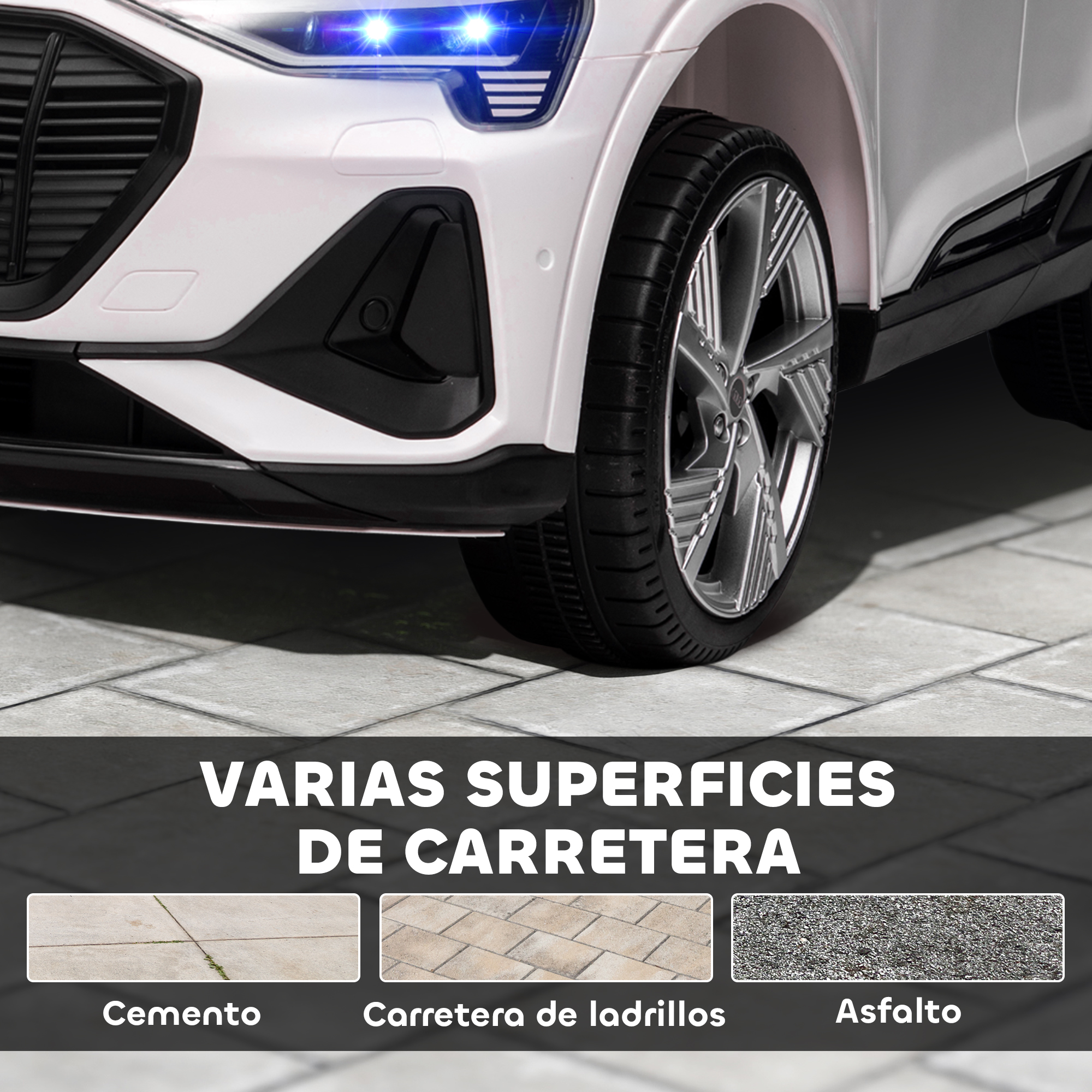 Coche de juguete blanco con faros azules, detalles en negro y una rueda plateada. Abajo, ejemplos de superficies viales: cemento, ladrillo y asfalto.