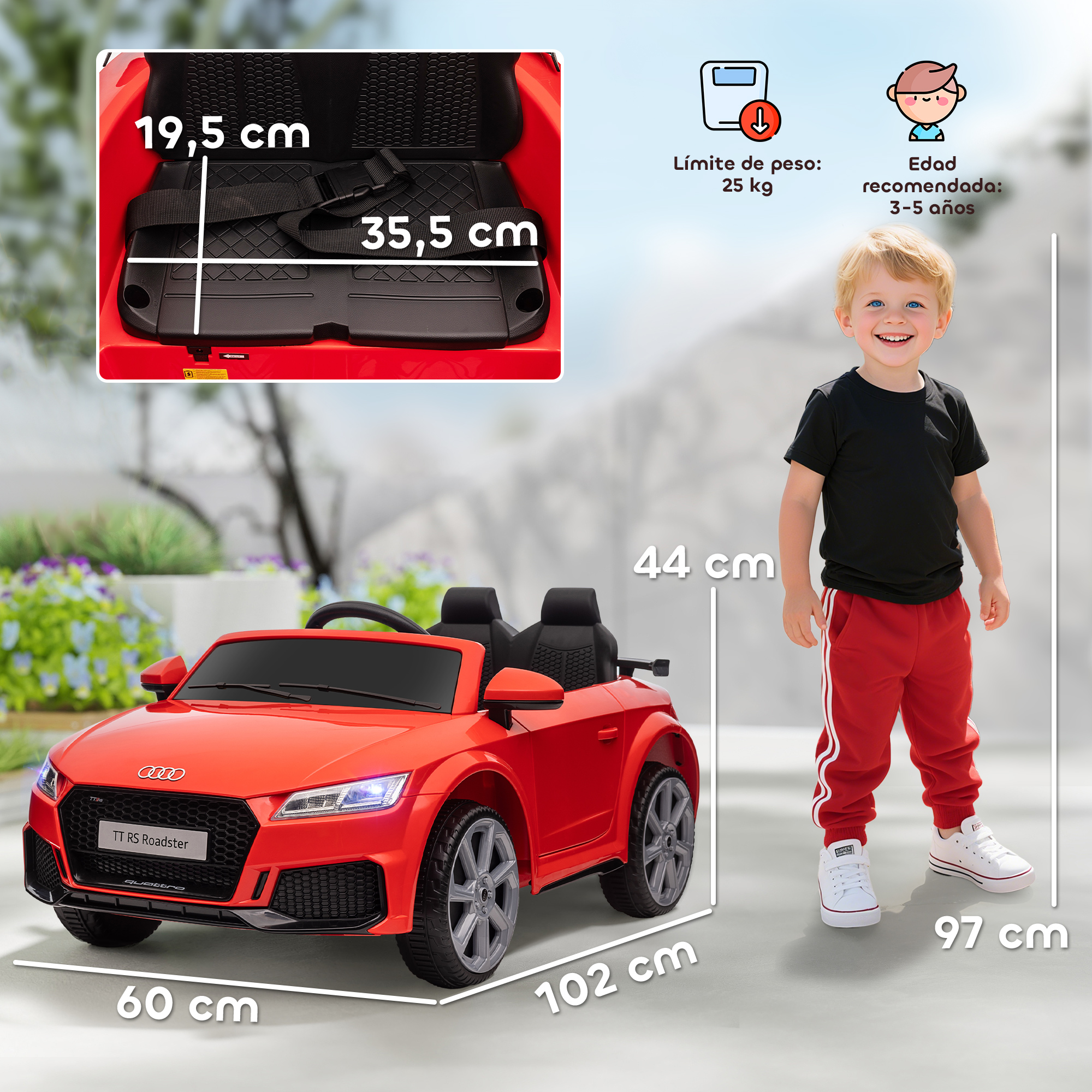 Un coche de juguete rojo con un niño sonriente de pie junto a él. Se muestran dimensiones y recomendaciones de edad.